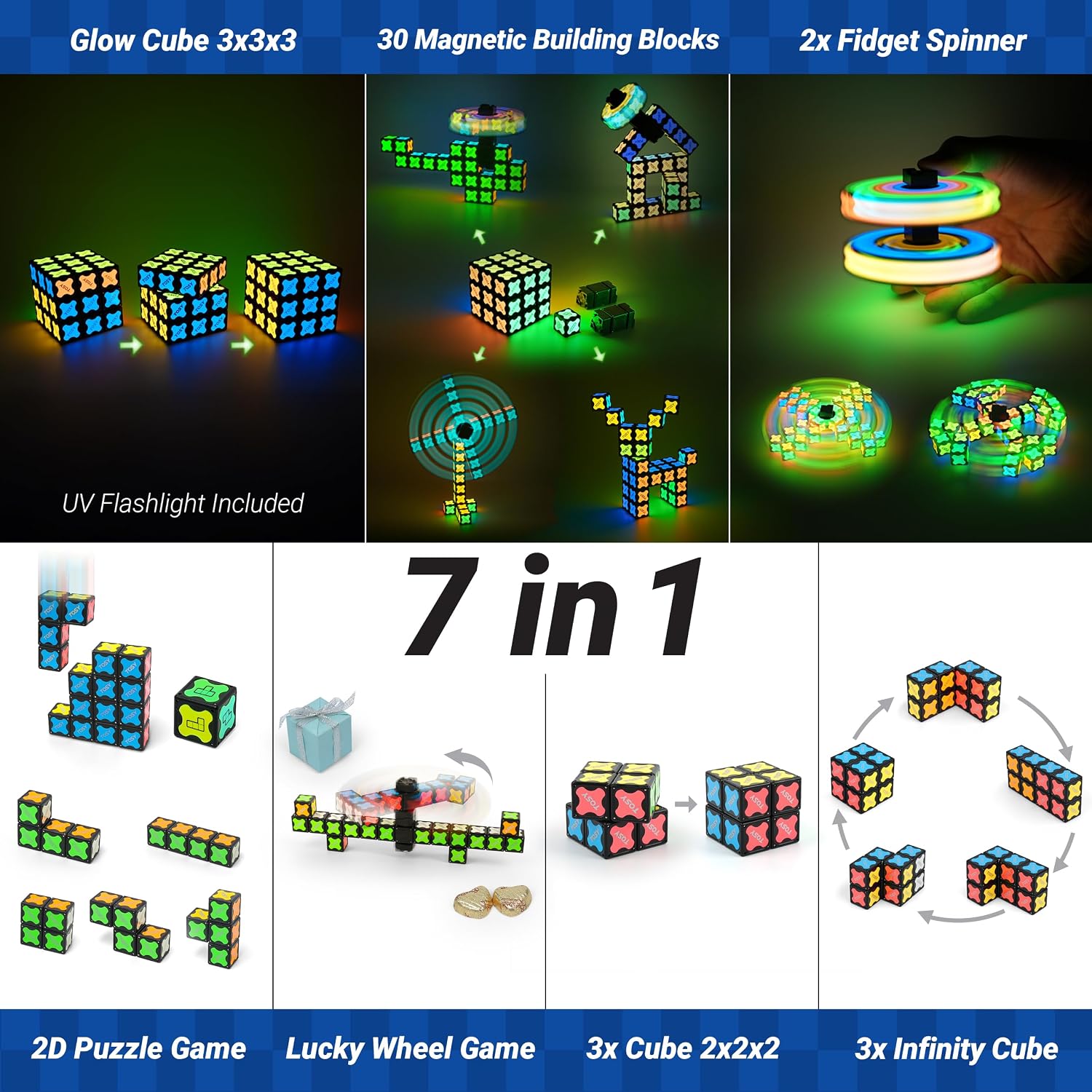 TOSY Magnet Cube 3x3 - 240 Magnets, 30 Blocks, 7in1 Toy: Puzzle Cube Game, Creative Building Blocks, Transformable Fidget Spinner, Infinity Cube, Magnet Tiles, UV Flashlight, Glowing STEM/STEAM Toy - Image 4