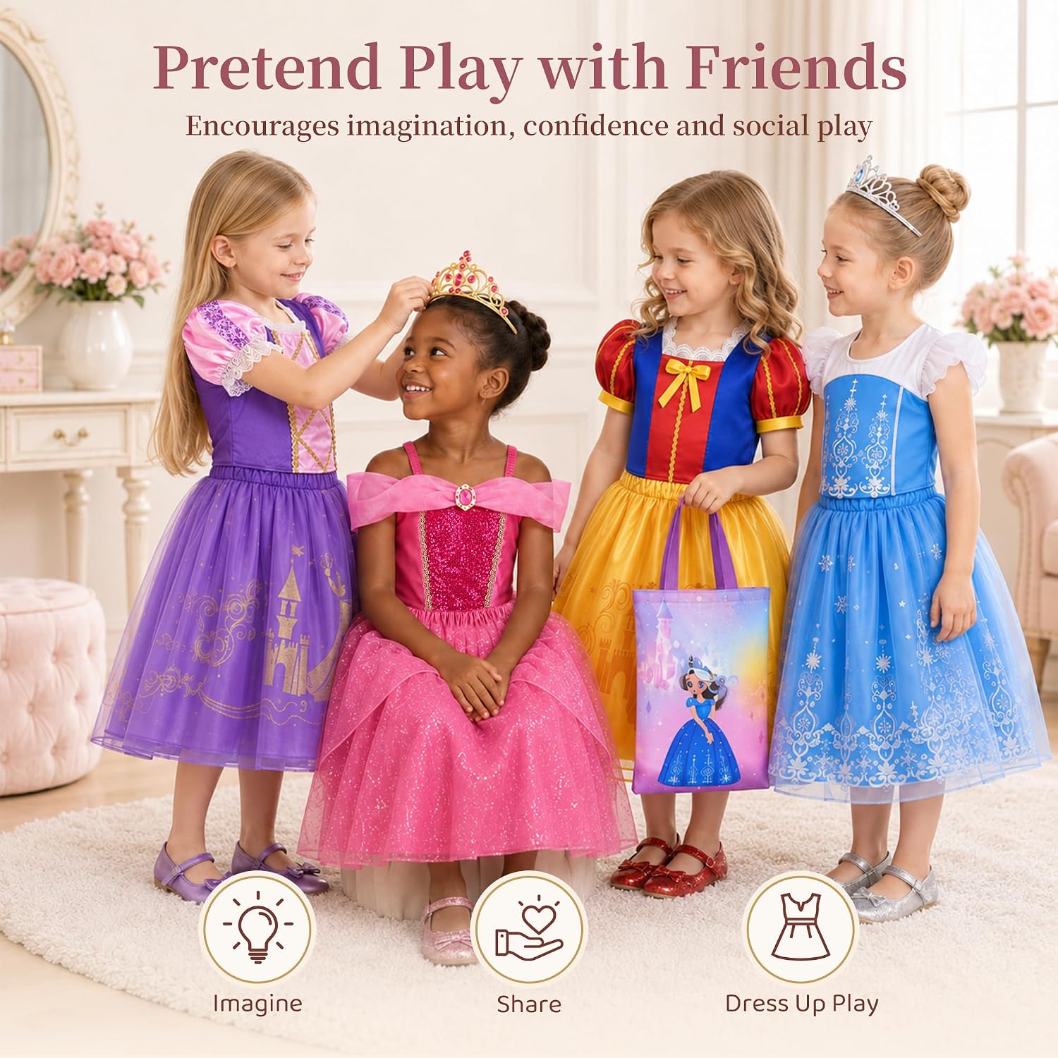 Meland Princess Dress Up for Girls 3-8, 4 Princess Outfits with Jewelry, Princess Role Play Toy Gift for Birthday & Christmas - Image 6