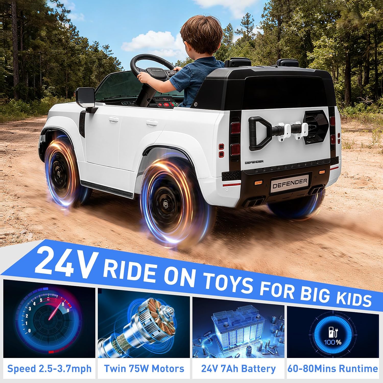 MINIATURE MOTORS 24V Ride on Toys for Big Kids, 2-Seater Toddlers Licensed Electric Car Remote Control, 3.7mph Max Speed, Bluetooth Music, Shovel, Seat Belt, 4-Wheeler Suspension, Boy Girl Gift-White - Image 4