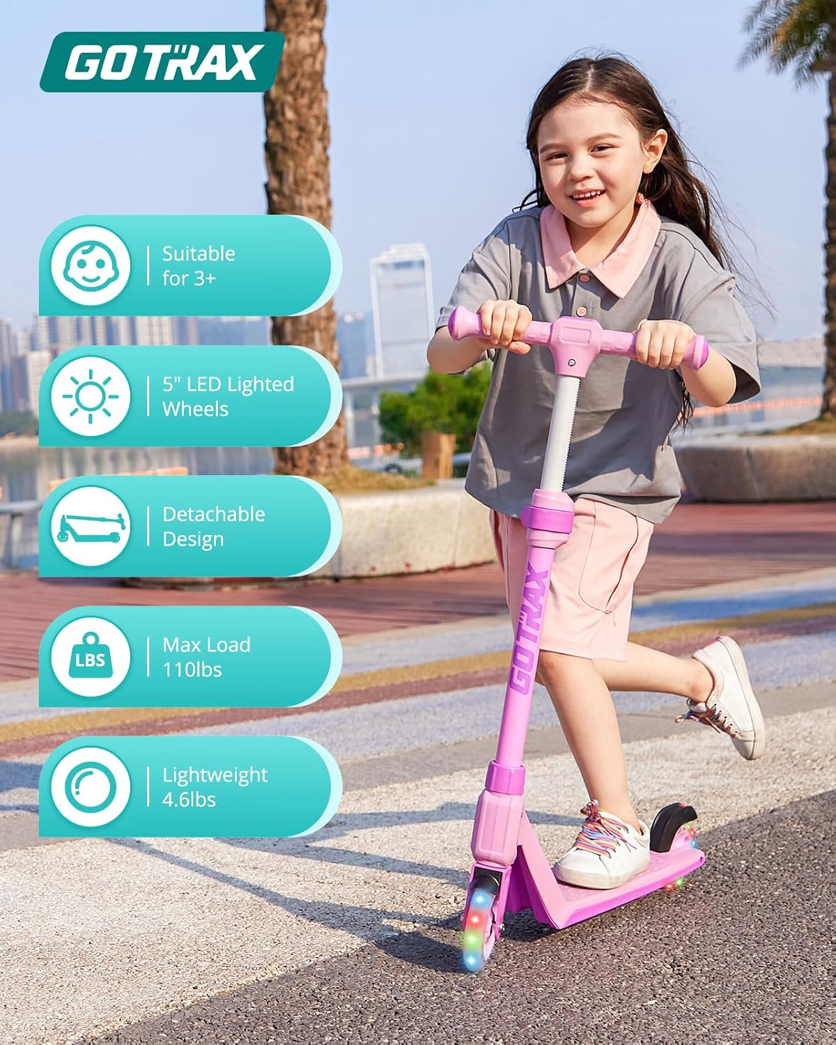 Gotrax K03 Kick Scooter for Kids, 5" LED Lighted Wheels and Adjustable Handlebars, Lightweight Design and Anti-Slip Deck, Max Load 110 Lbs, Kids Scooter for Boys & Girls Ages 3+, Pink - Image 2