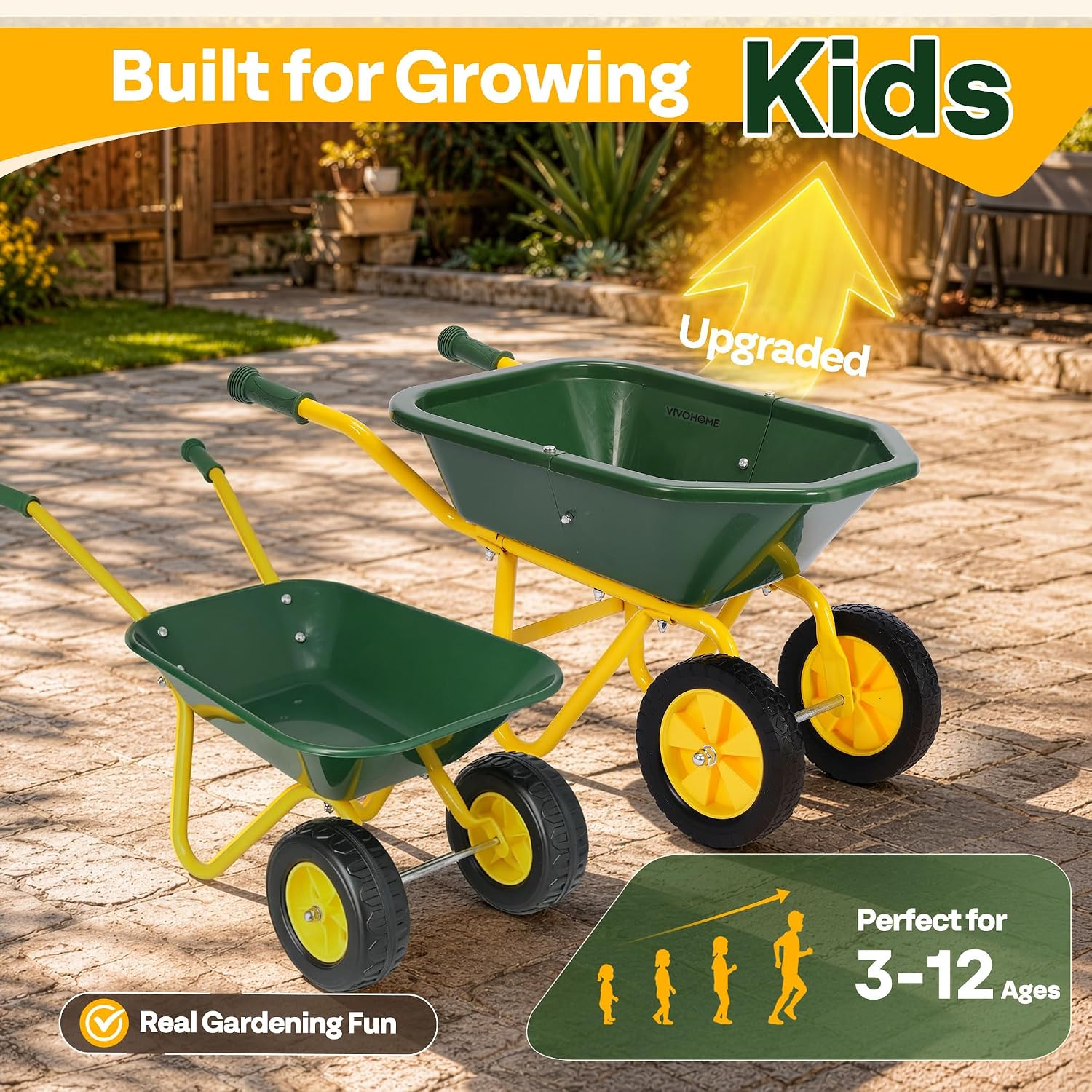 VIVOHOME 30" Kids Wheelbarrow Set 6 PCS Children Garden Cart | With Metal Gardening Tools, Apron & Gloves for Fun, Educational Backyard Play - Image 2