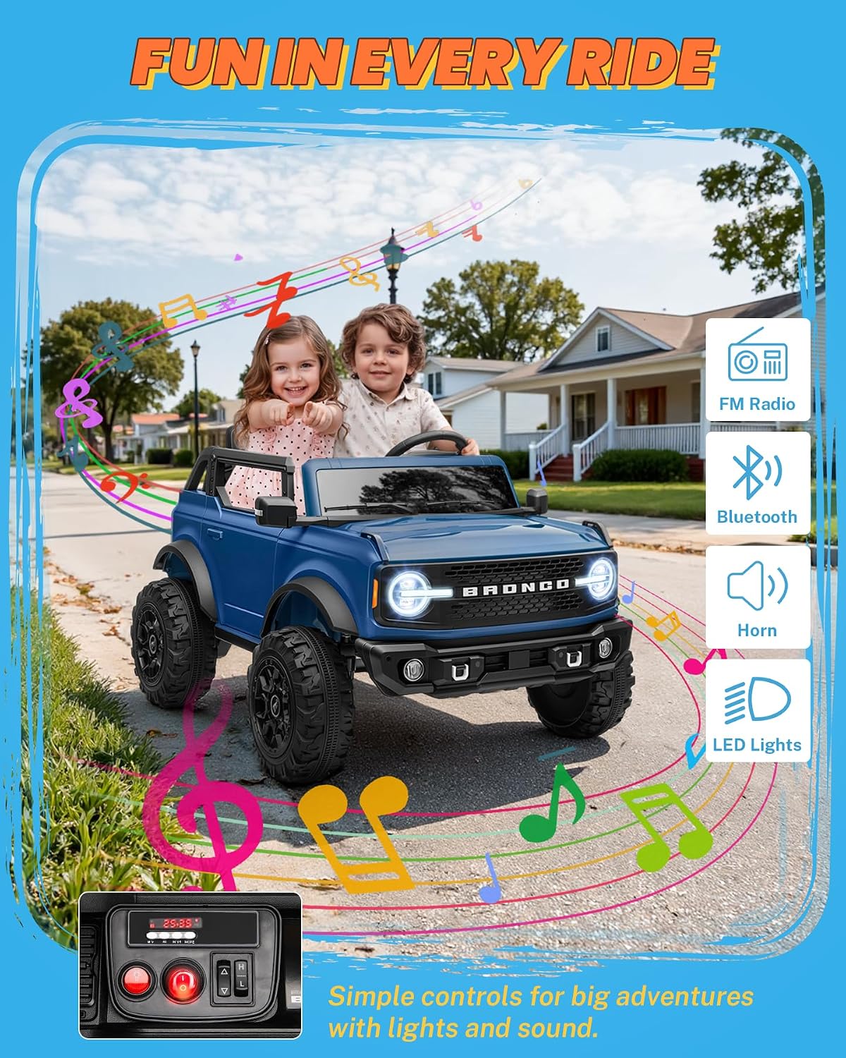 ENYOPRO 24V Ride on Toys, Licensed Ford Bronco Base 2 Seater Ride on Car for Kids, Electric Car with Remote Control, Seat Belts, LED Headlights, Bluetooth, Soft Start, Spring Suspension (Blue) - Image 4
