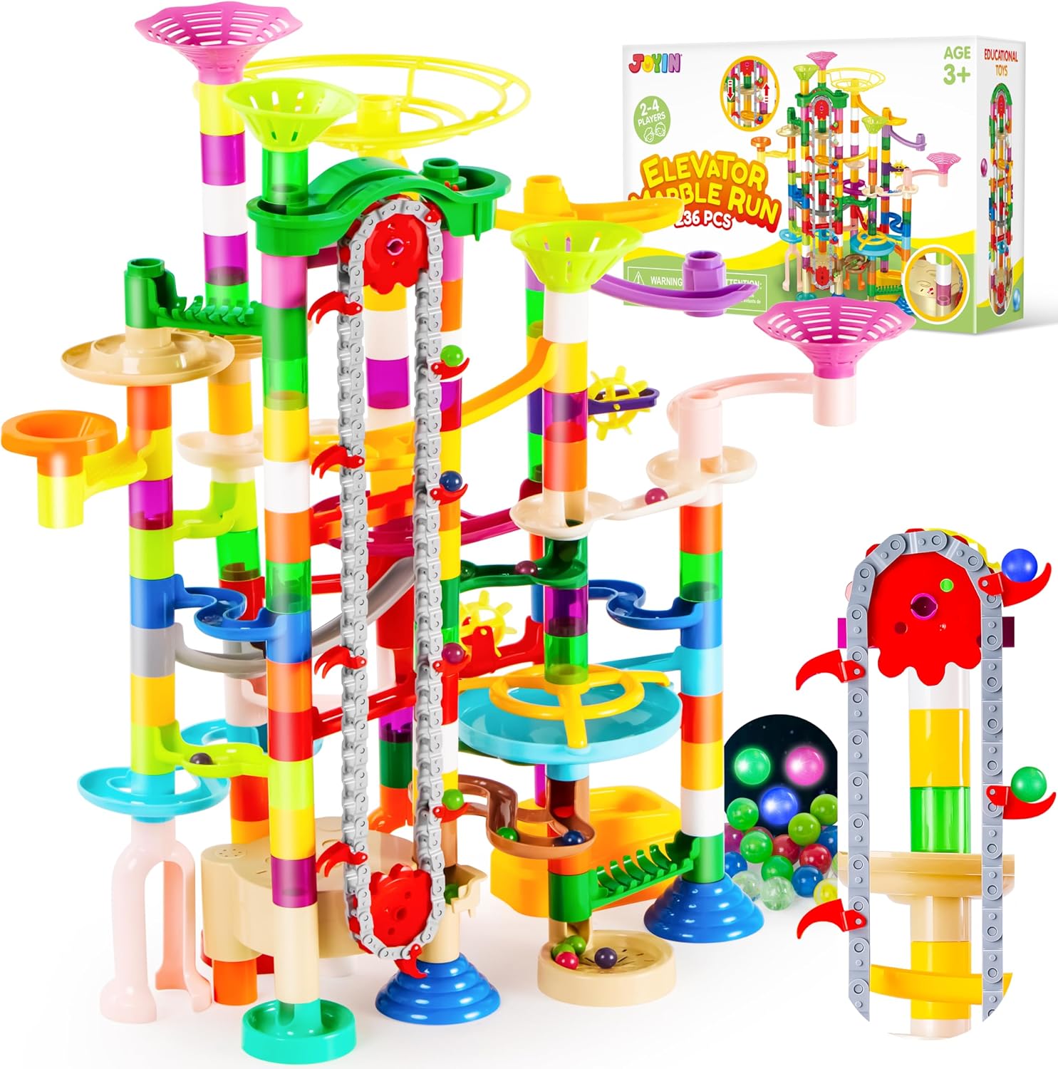 JOYIN 236Pcs Glowing Marble Run with Motorized Elevator- Construction Building Blocks Toys with 30 Glow in The Dark Plastic Marbles, STEM Toy for Boys and Girls, Birthday Gift, Easter Basket Stuffers - Image 8