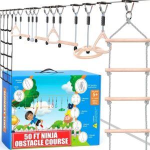 Hyponix Ninja Warrior Obstacle Course for Kids – 2 x 50 ft Slackline with 10 Outdoor Ninja Obstacles, Supports 880lbs – Monkey Net, Ratchet-Tight Tech, Climbing, Swinging & Balance Training, Ages 3+