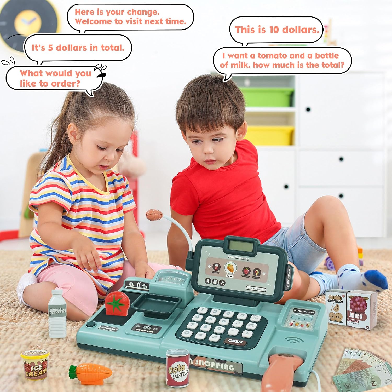 Kids Cash Register Toy with Sound Scanner - Pretend Play Shopping Set Include Food, Shopping Basket, Play Money & Credit Card, Ideal Gift for Boys Girls Ages 3-8 - Image 6