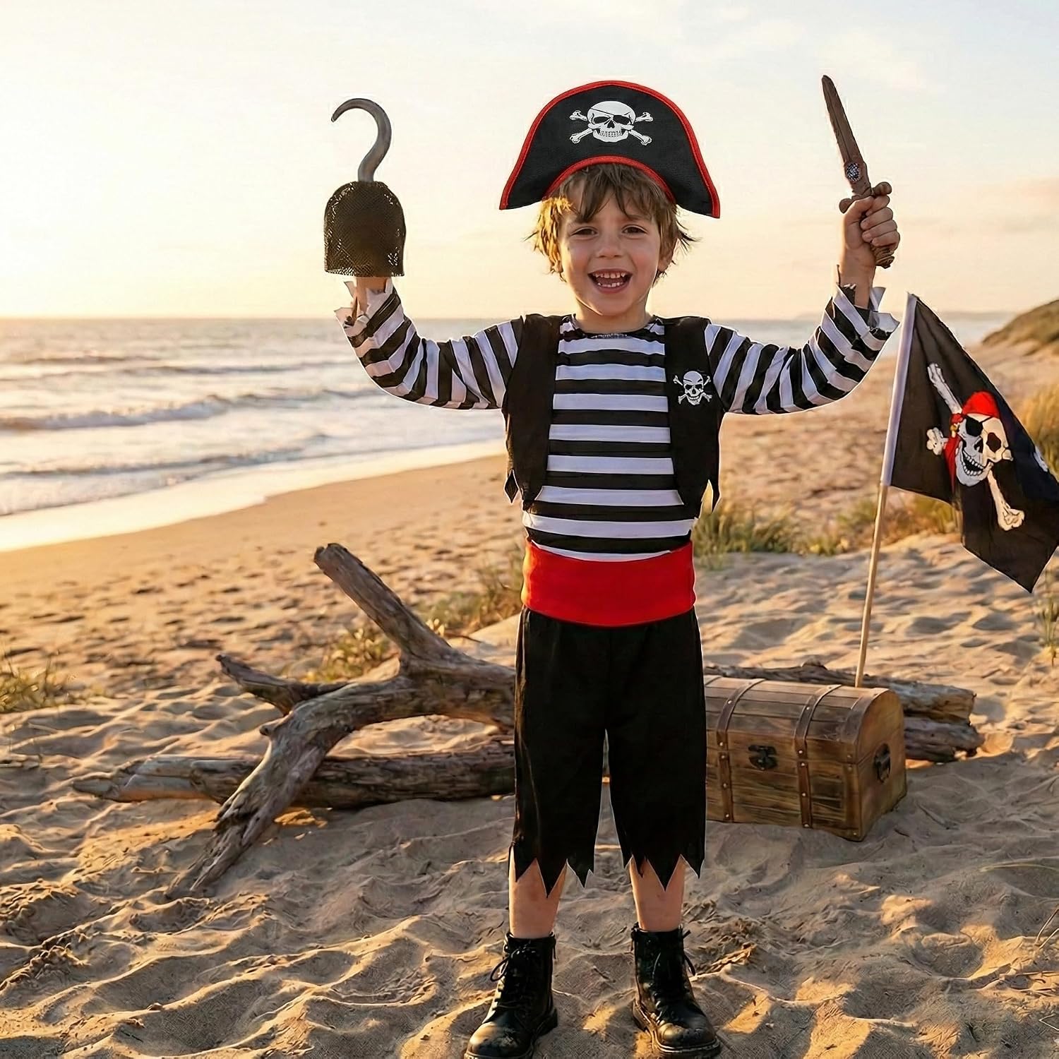 IKALI Pirate Costume for Kids Boys,Toddler Pirate Role Play Dress Up with Bandana, Cutlass, Hat 3-10 Years - Image 2