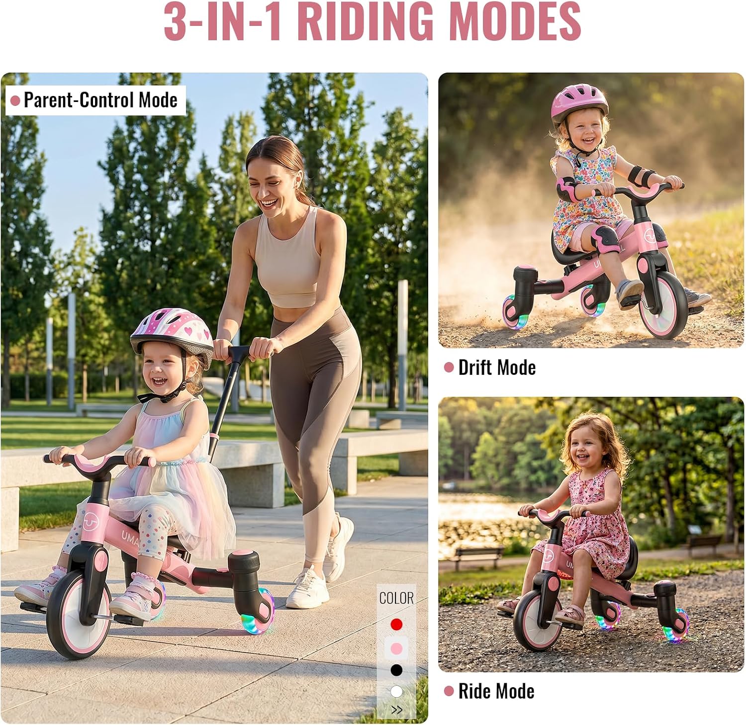 Umatoll 3-in-1 Toddler Tricycle for 18 Months to 5 Year Old, Toddler Toy with Adjustable Push Handle, Gift for Boy Girl Age 2-4, 360° Light-Up Drift Wheels (Pink) - Image 2