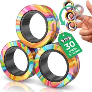 BUNMO Magnetic Fidget Rings 3pk – Cool Fidgets for Teens, Quiet Fidget Toys, Fidget Toys Adults, Maximum Strength 8 N50 Magnets, Learn Cool Tricks, Teen Gifts, Fidgets for Kids 8-12, Multicolored