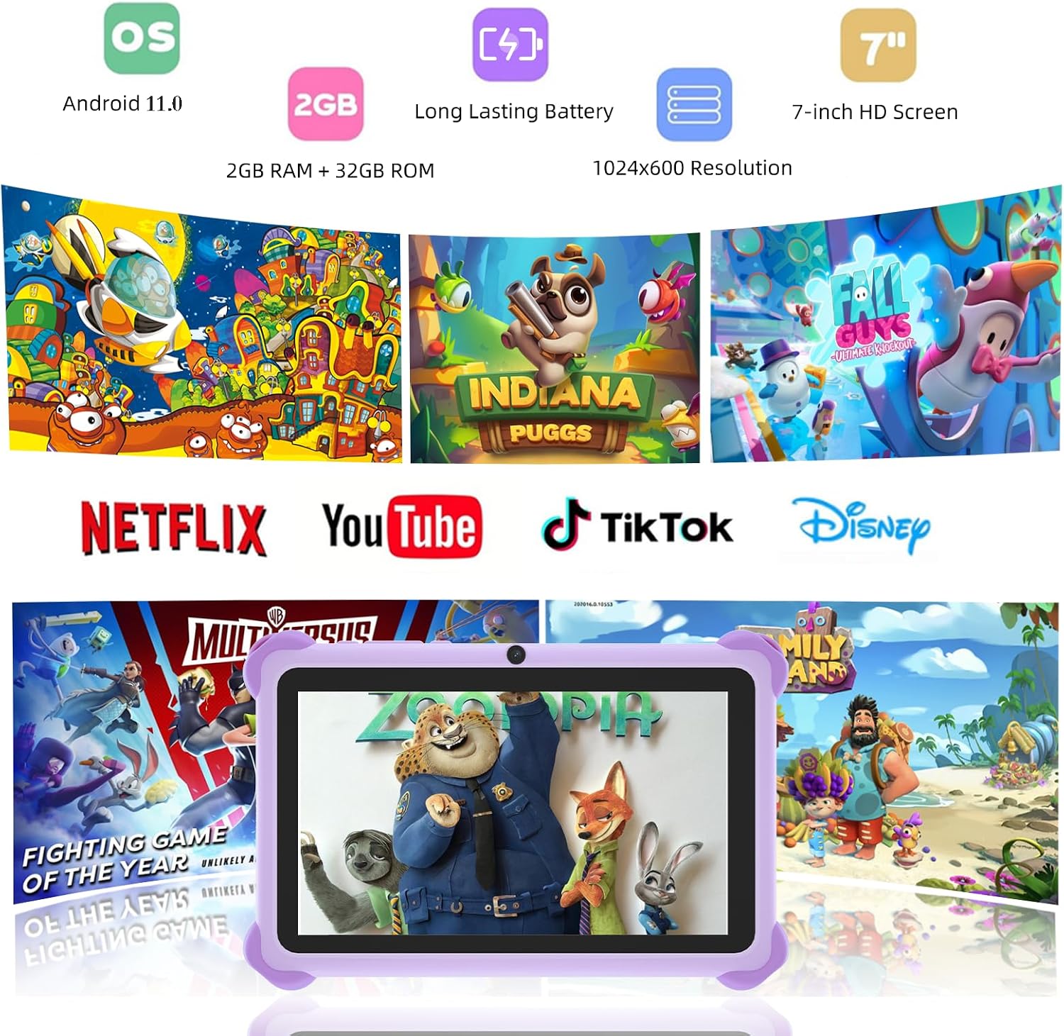 Kids Tablet 7 inch Tablet for Kids 32GB Toddler Tablets with Case Android Kids Learning Tablets with WiFi Youtube Parental Control, Bluetooth, Preinstalled Educational Contents for Girls Boys, Purple - Image 2