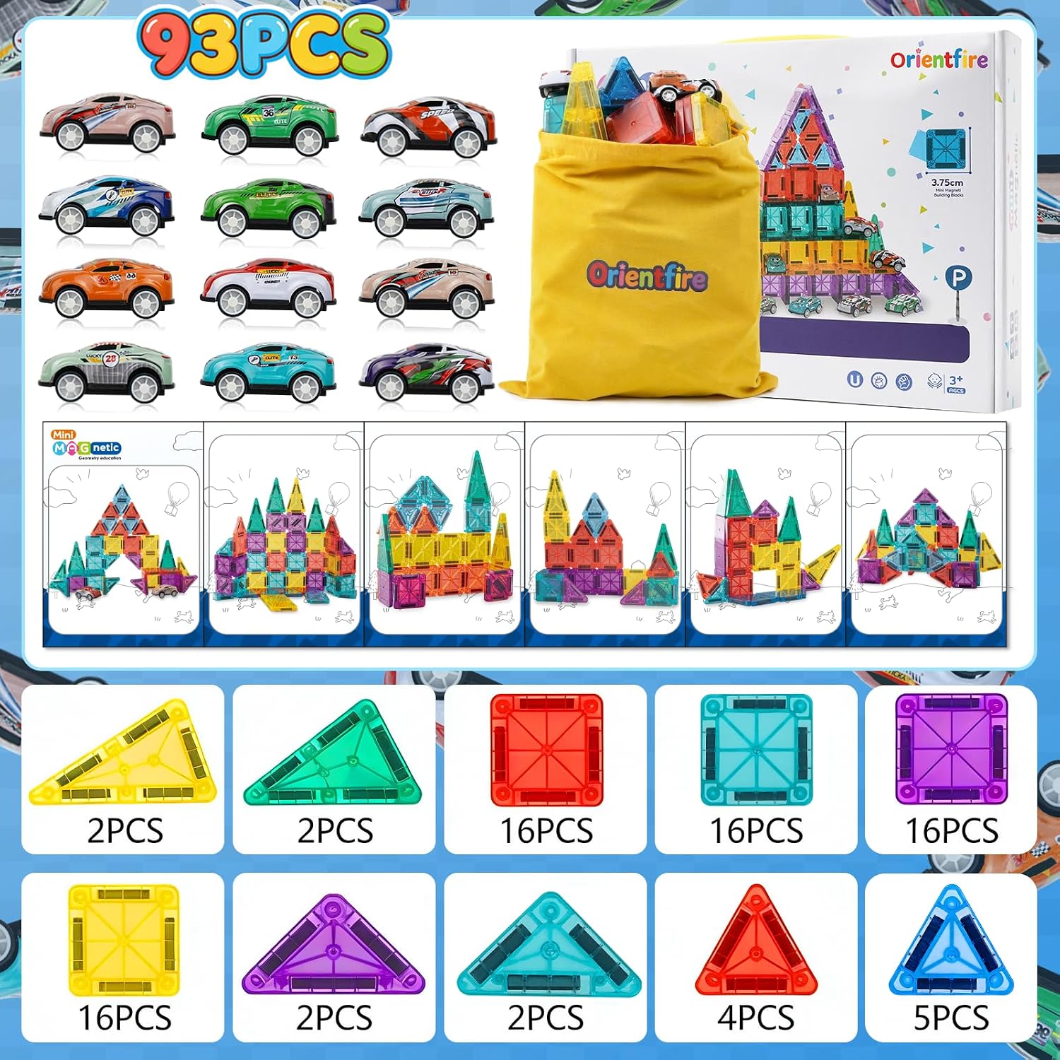 93 PCS Magnetic Tiles Mini Magnetic Building Tiles with Cars, Travel Magnetic Tiles with Storage Bag,STEM Toys for School Acitivities, Ideal Christmas Birthday Gifts for Boys Girls Age 3+ Years Old - Image 7