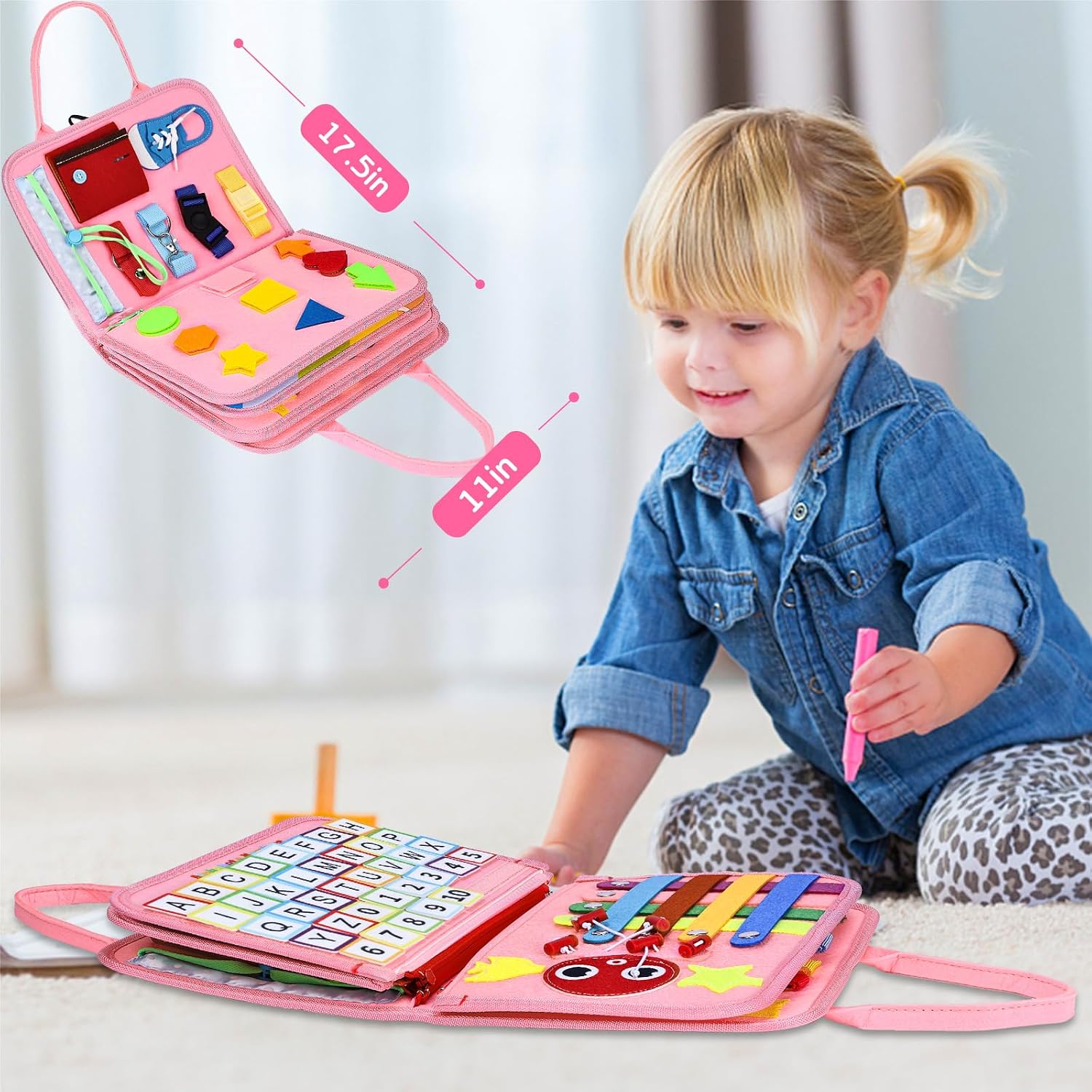 Esjay Toddler Busy Board Montessori Toys for Girls, Sensory Book Educational Activities for Learning Fine Motor Skills, Birthday Gifts for Girls Toddlers, Travel Toys for Airplane Car, Pink Multipages - Image 5