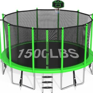 1500LBS Capacity No-Gap Design 8 10 12 14 15 16 FT Recreational Jumper with Enclosure Net, Wind Stakes & Basketball Hoop, ASTM Approved, Perfect for Kids & Adults Family Outdoor Backyard Fun