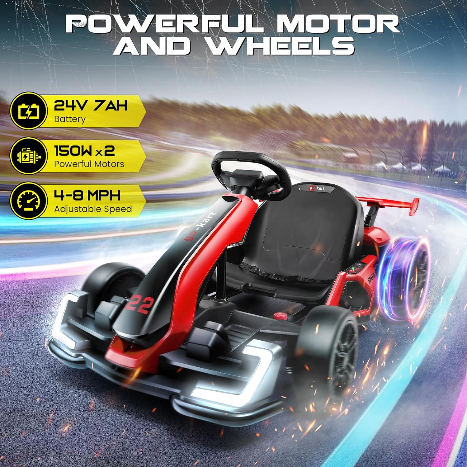 Hikole Go Kart 24V Electric Drift Cart for Kids 6-12-14, Adjustable Seat, 300W Motor, Max 8.5 MPH Speed, Safety Belt, EVA Tires, LED Lights, Bluetooth, Outdoor Ride On Toy Gift, Red - Image 2