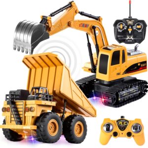 JOYIN 2 PCS Remote Control Construction Vehicle Toy Set, Friction-Powered RC Excavator & RC Dump Truck with Lights and Sounds for Imaginative Play, Birthday Gifts for Toddlers Boys Girls