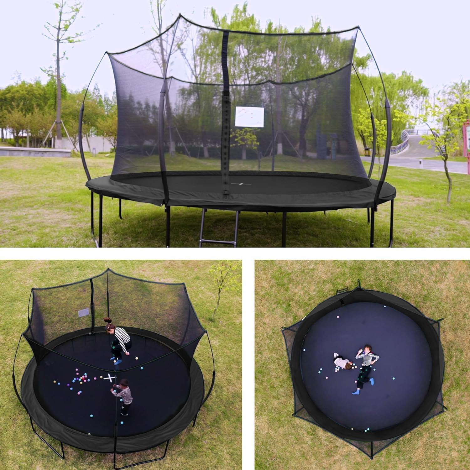 6FT 8FT 10FT 12FT 14FT Springfree Trampolines with LED Lights, Sprinkler, Music Speaker and Socks, ASTM Approved Outdoor Trampoline for Kids and Adults, Backyard Trampoline with Curved Poles - Image 6
