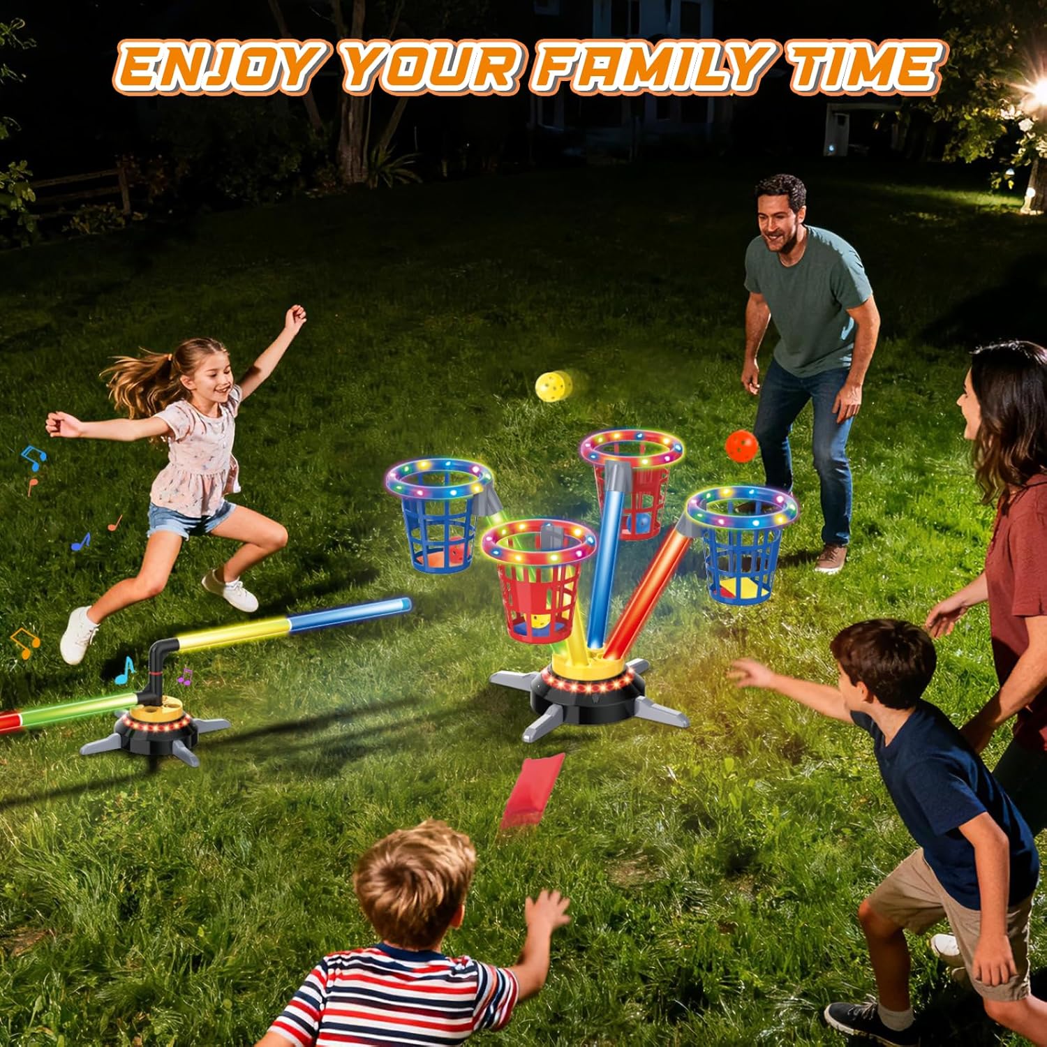 VATOS 3 in 1 Bean Bag & Ring Toss Game, Musical Jumping for Kids, Electric Spinning Base with Remote, Lights, 12 Sandbags, 12 Tossing Rings, 12 Balls, Indoor Outdoor Backyard Sport Toy for Boy Girl 3+ - Image 2