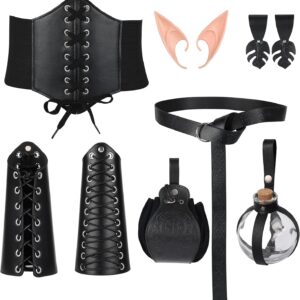 Medieval Fantasy Costume Set (7pcs) - Leather Bracer, Elf Ears, Knight Belt & More for Cosplay/Renaissance Faires
