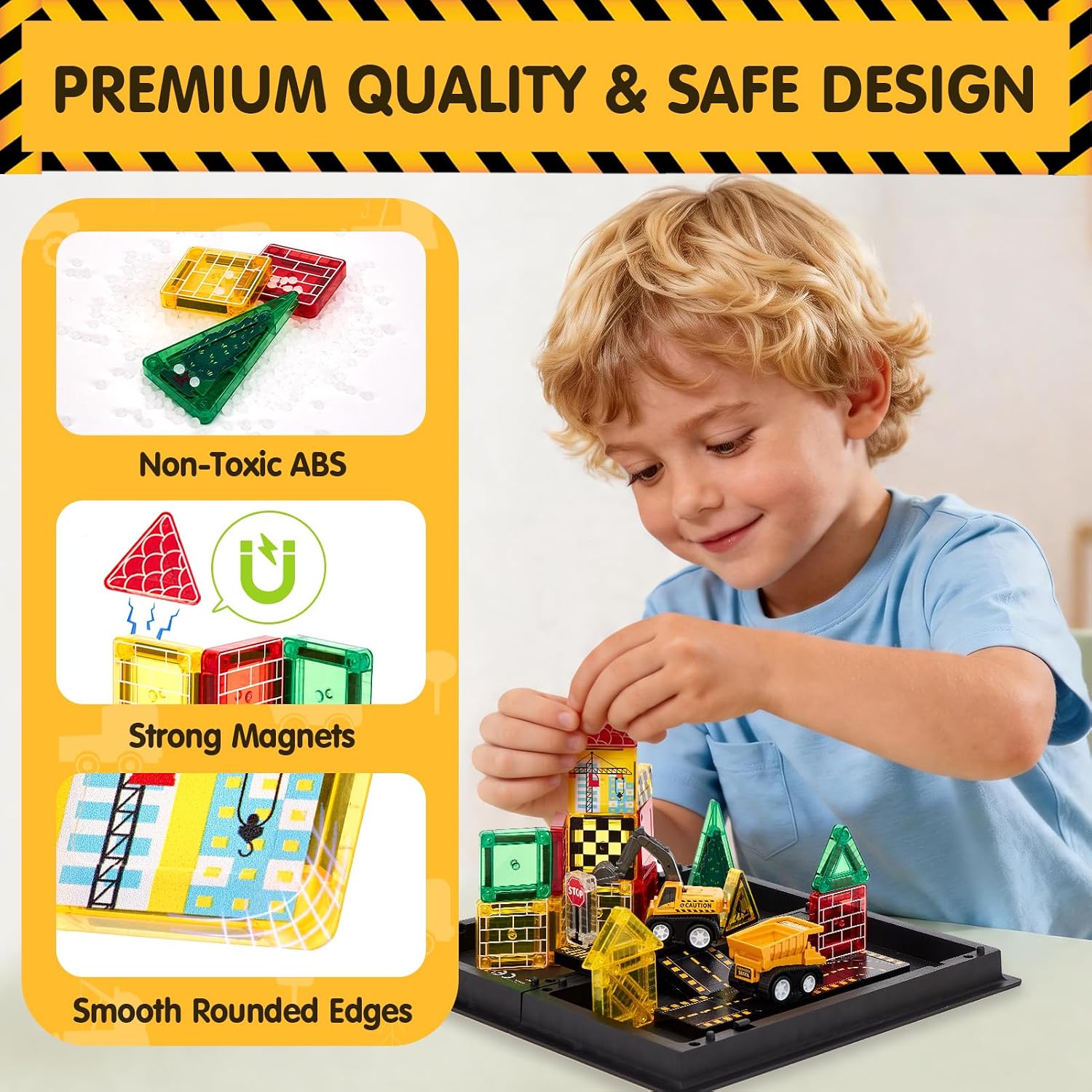 hahaland Mini Magnetic Tiles Travel Road Construction Toys Magnetic Building Blocks with Engineering Vehicles Trucks Case 2-in-1 Road-Themed Box Montessori Birthday for 3-6 Year Old Toddler - Image 6
