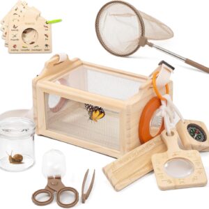Wooden Bug Catcher Kit for Kids, 16-in-1 Outside Toys for Toddlers STEM Outdoor Explorer Set with 3-Way Observation Habitat, Butterfly Net, Magnifying Glass, Educational Gift for Boys Girls Ages 3-8