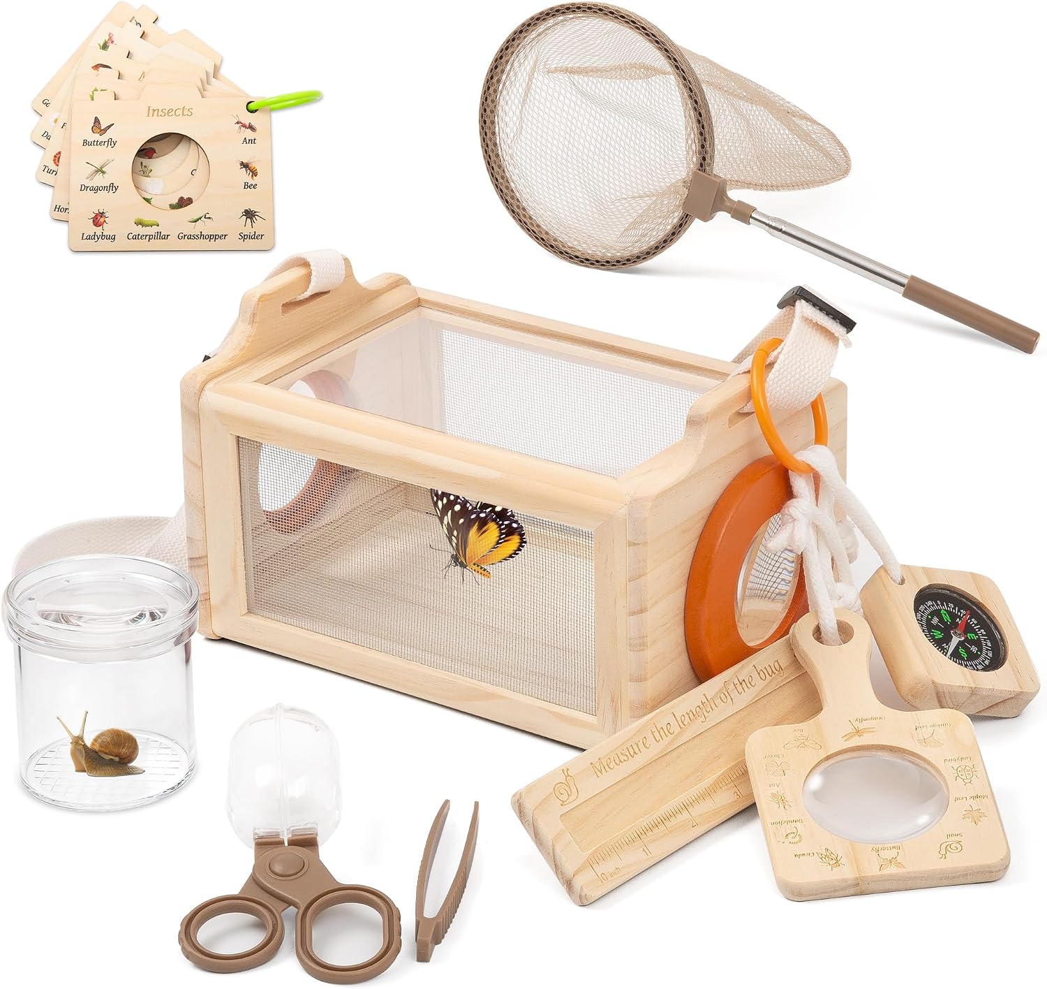 Wooden Bug Catcher Kit for Kids, 16-in-1 Outside Toys for Toddlers STEM Outdoor Explorer Set with 3-Way Observation Habitat, Butterfly Net, Magnifying Glass, Educational Gift for Boys Girls Ages 3-8