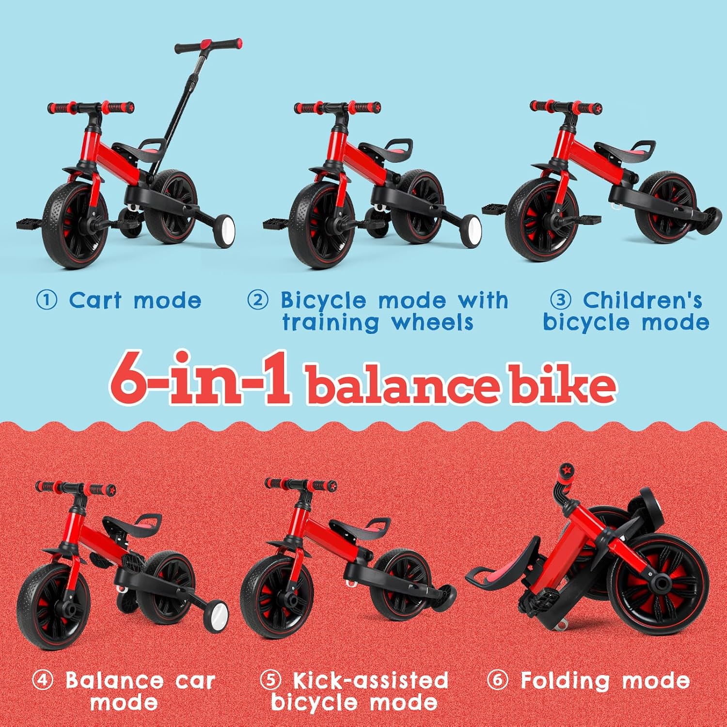Toddler Bike 6-in-1 Tricycle for Toddlers 1-6, Kids Bike & Balance Bike with Push Handle, Foldable Toddler Balance Bike & Bicycle,Perfect Boys and Girls Birthday Gift and Toys - Image 3