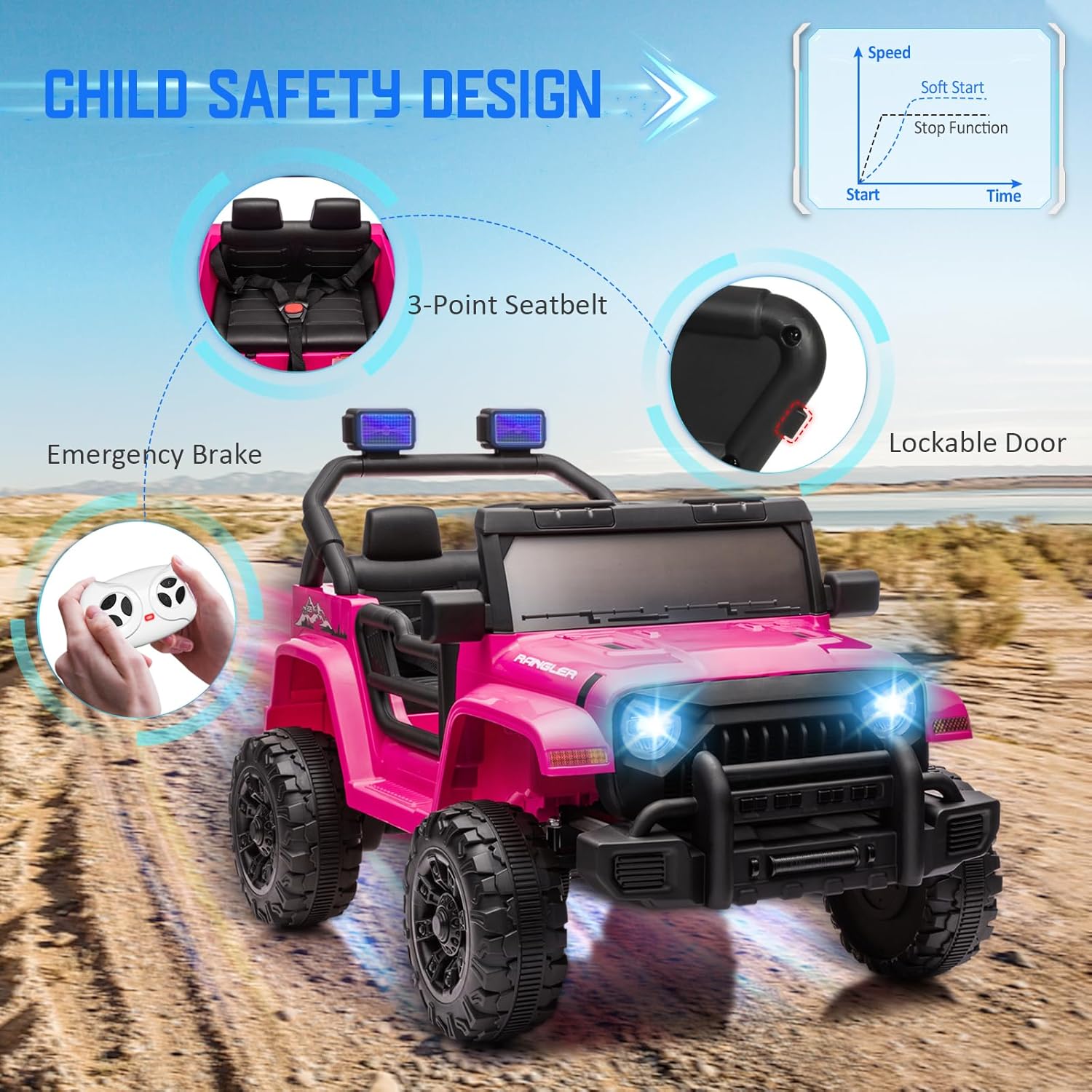 Kids Ride On Jeep Car for Kids, 12V Electric Car for Toddlers with Remote Control Boys Girls Toddler Car Ride on Toys, USB Music Player, Safety Belt, Horn, LED Lights(Pink Jeep) - Image 5