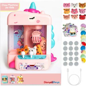 Claw Machine for Kids – Mini Arcade Game – Vending Machine – Candy Grabber Toys – Silent Mode, Lights, USB – Plush Toys & Easter Eggs, Surprise Stickers – Fun Gift for Kids, Boys & Girls (Unicorn)