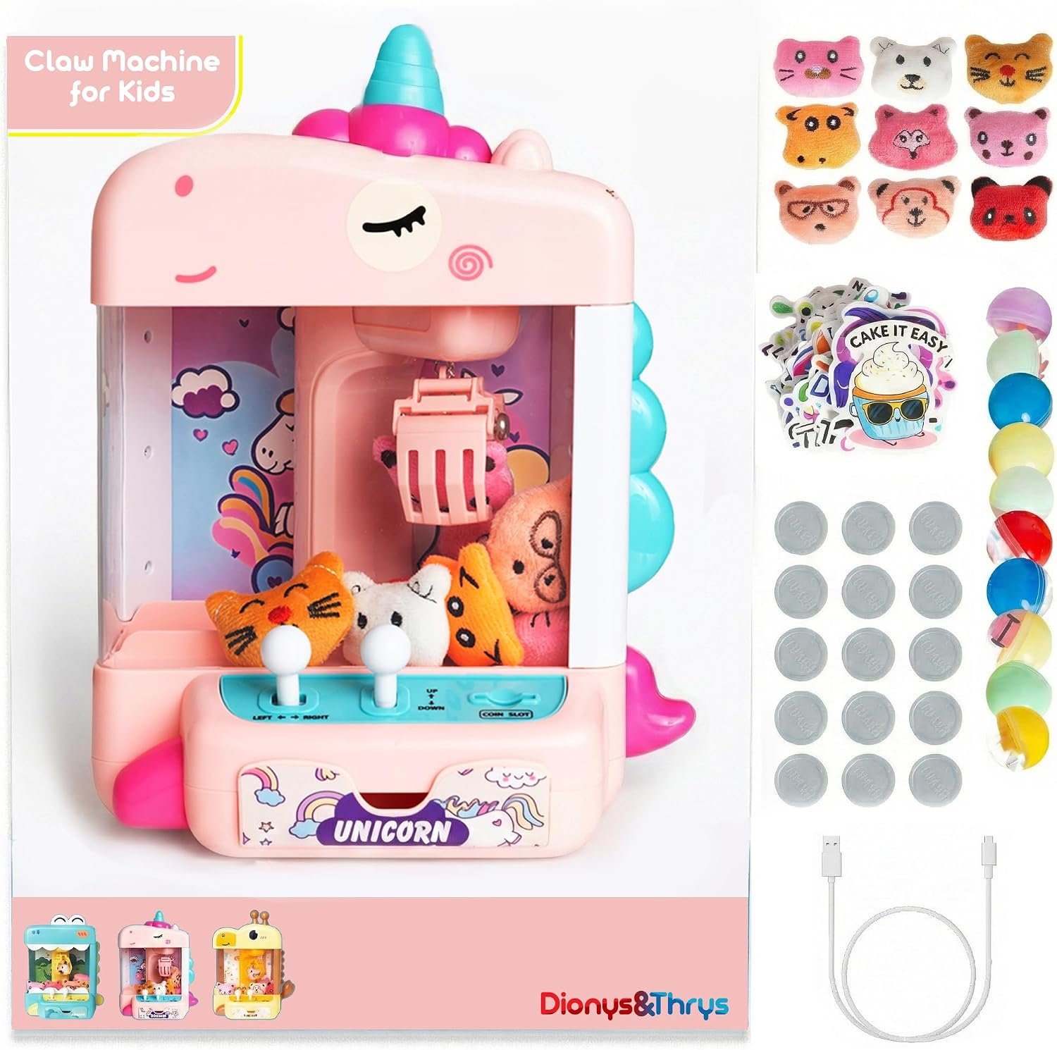 Claw Machine for Kids - Mini Arcade Game - Vending Machine - Candy Grabber Toys - Silent Mode, Lights, USB - Plush Toys & Easter Eggs, Surprise Stickers - Fun Gift for Kids, Boys & Girls (Unicorn)