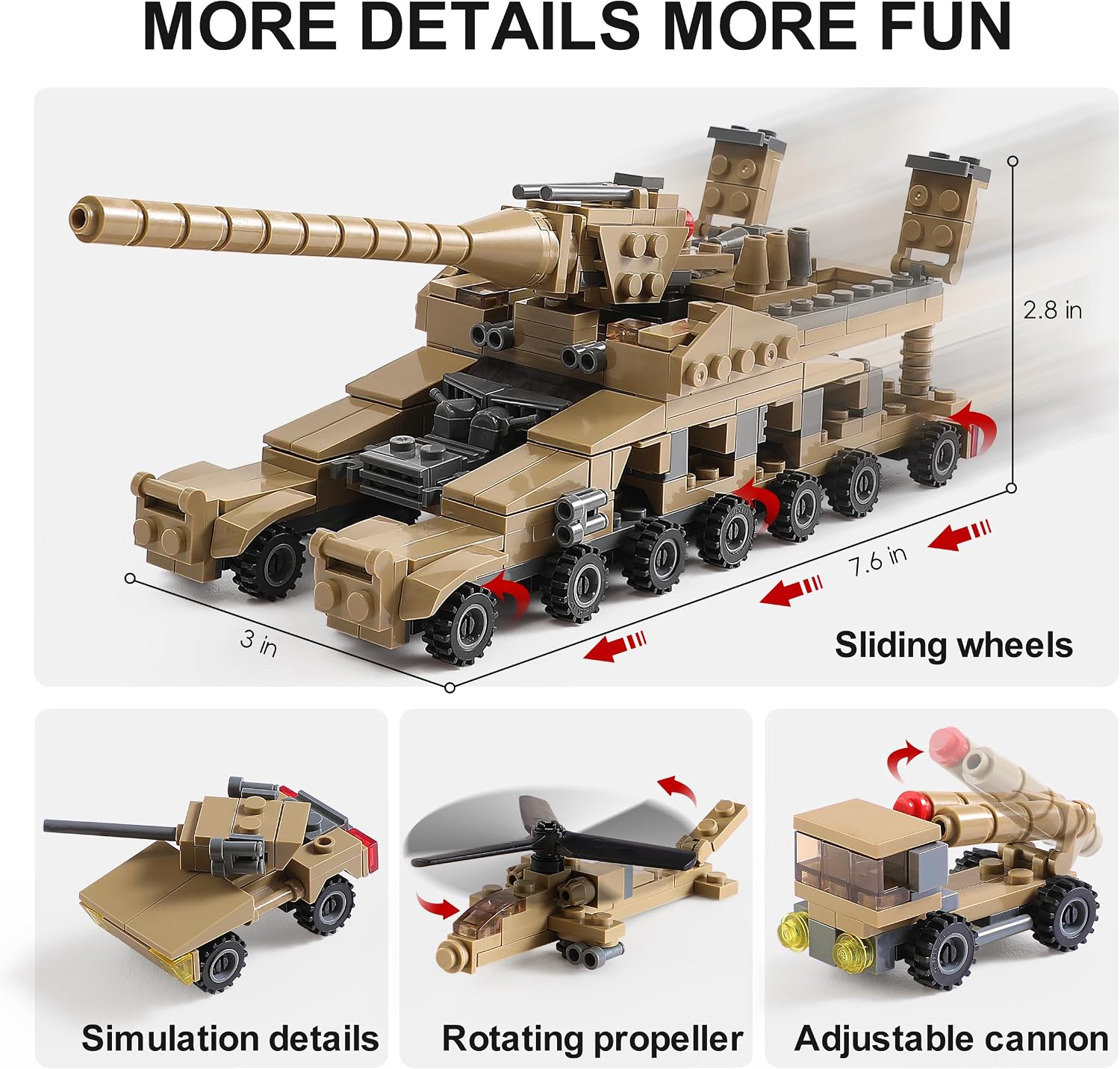 WW2 Army Tank Toys Building Sets Compatible with Lego, Create a German Dora Cannon or 16 Military Vehicles with 20 Toy Soldiers, STEM Toys for Boys Kids Age 6+ Year Old - Image 6