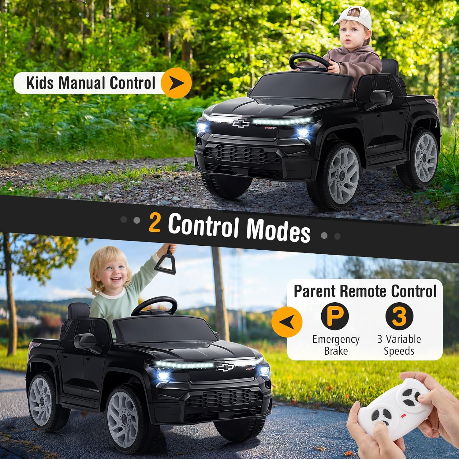 Costzon Ride on Car, 12V Licensed Chevrolet Truck, Kids' Electric Vehicles with Remote Control, Rear Storage, Music, USB, Lights & Spring Suspension, Kids Car Toy for Aged 3+ (Truck, Black) - Image 2