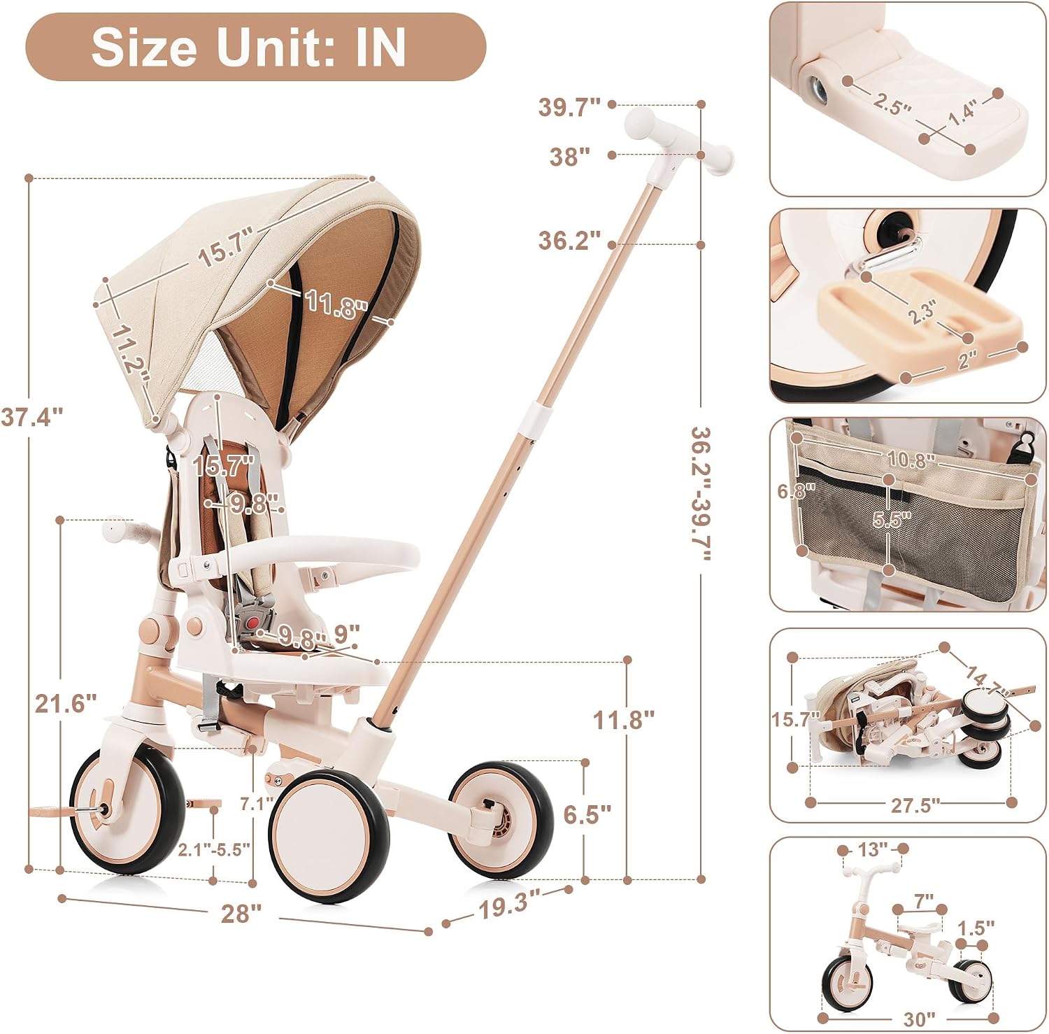 Baby Tricycle, 7-in-1 Foldable Kids Trike with Adjustable Parent Handle, Removable Canopy, Pedals & Guardrail, Kids Push Bike Stroller for 12-72 Months for Boys & Girls (Light Brown) - Image 2