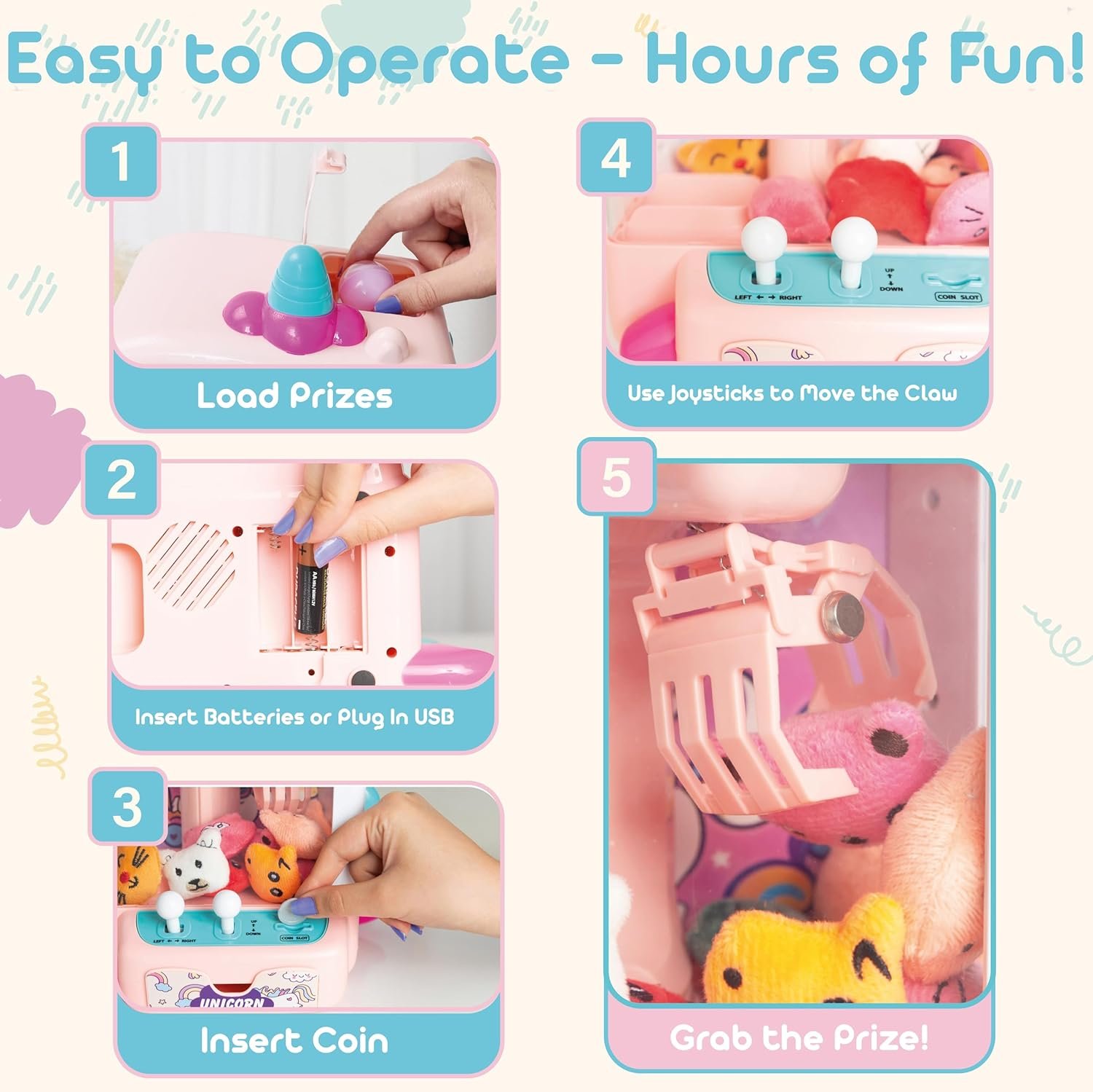 Claw Machine for Kids - Mini Arcade Game - Vending Machine - Candy Grabber Toys - Silent Mode, Lights, USB - Plush Toys & Easter Eggs, Surprise Stickers - Fun Gift for Kids, Boys & Girls (Unicorn) - Image 3