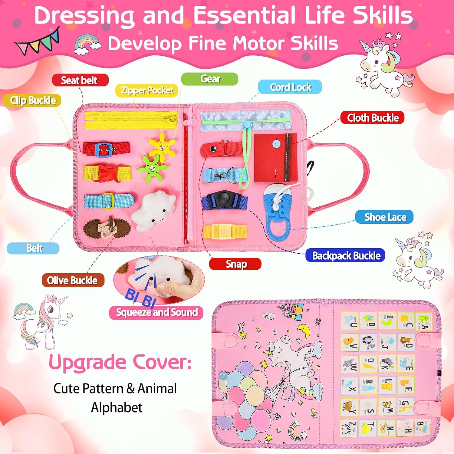Esjay Toddler Busy Board Montessori Toys for Girls, Sensory Book Educational Activities for Learning Fine Motor Skills, Birthday Gifts for Girls Toddlers, Travel Toys for Airplane Car, Pink Multipages - Image 2