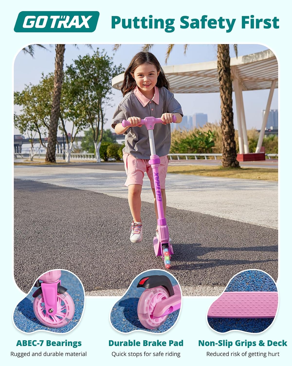 Gotrax K03 Kick Scooter for Kids, 5" LED Lighted Wheels and Adjustable Handlebars, Lightweight Design and Anti-Slip Deck, Max Load 110 Lbs, Kids Scooter for Boys & Girls Ages 3+, Pink - Image 4