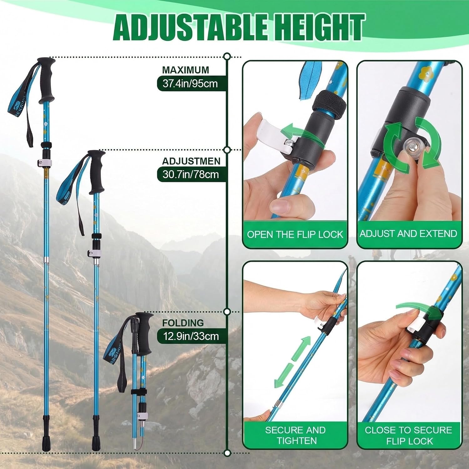 Trekking Poles - Lightweight Collapsible Kids Hiking Poles - Retractable Kids Hiking Stick, Telescoping Aluminum Trekking Poles 2 Pack, Adjustable Ski Poles - Image 3