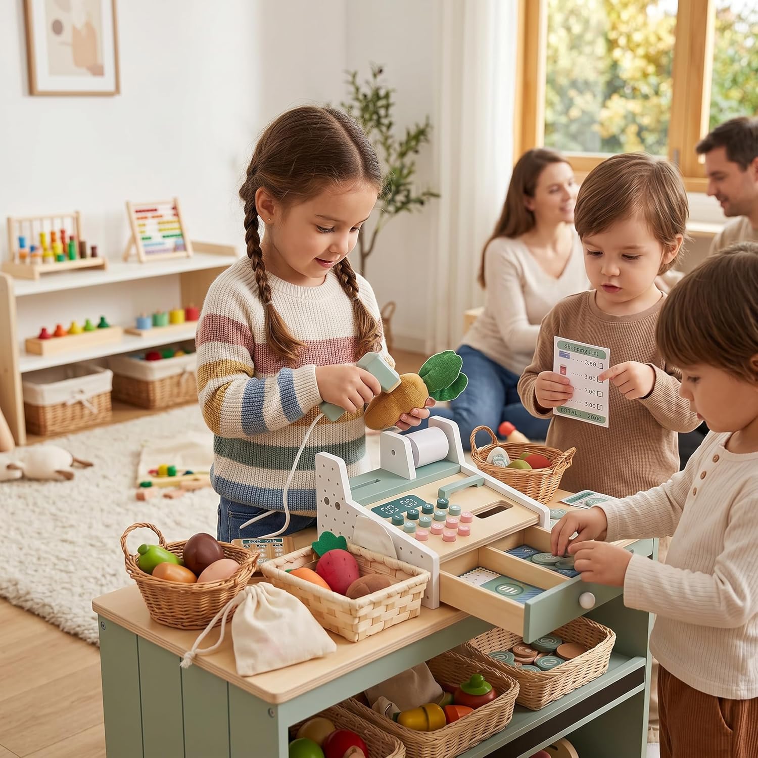 Wooden Cash Register Toy, Cash Register Toy Set with Scanner, Play Money & Shopping Cards, Kids Cashier Role Play , Educational for Learning Math Skills - Image 7