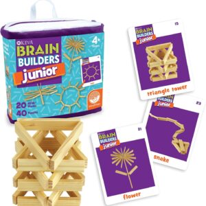 MindWare KEVA Junior Brain Builders Playset, 3D Puzzle Travel Game, 40 Wooden Building Block Challenges