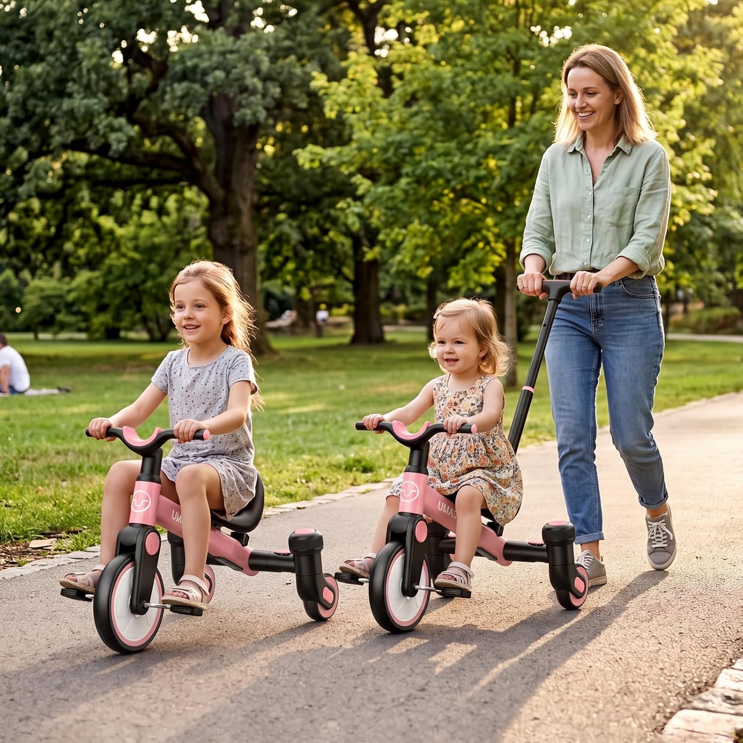 Umatoll 3-in-1 Toddler Tricycle for 18 Months to 5 Year Old, Toddler Toy with Adjustable Push Handle, Gift for Boy Girl Age 2-4, 360° Light-Up Drift Wheels (Pink) - Image 5