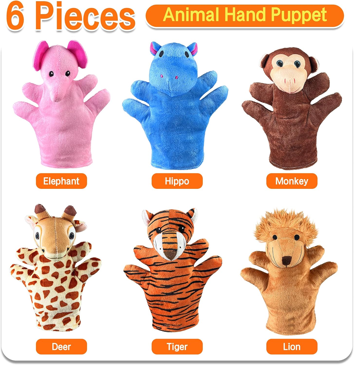 6 PCS Hand Puppets Set Animal Plush Puppet Elephant Tiger Giraffe Monkey Lion Hippo for Storytelling Playing Teaching Shows Playtime Schools Birthday Party Favor Supplies - Image 3
