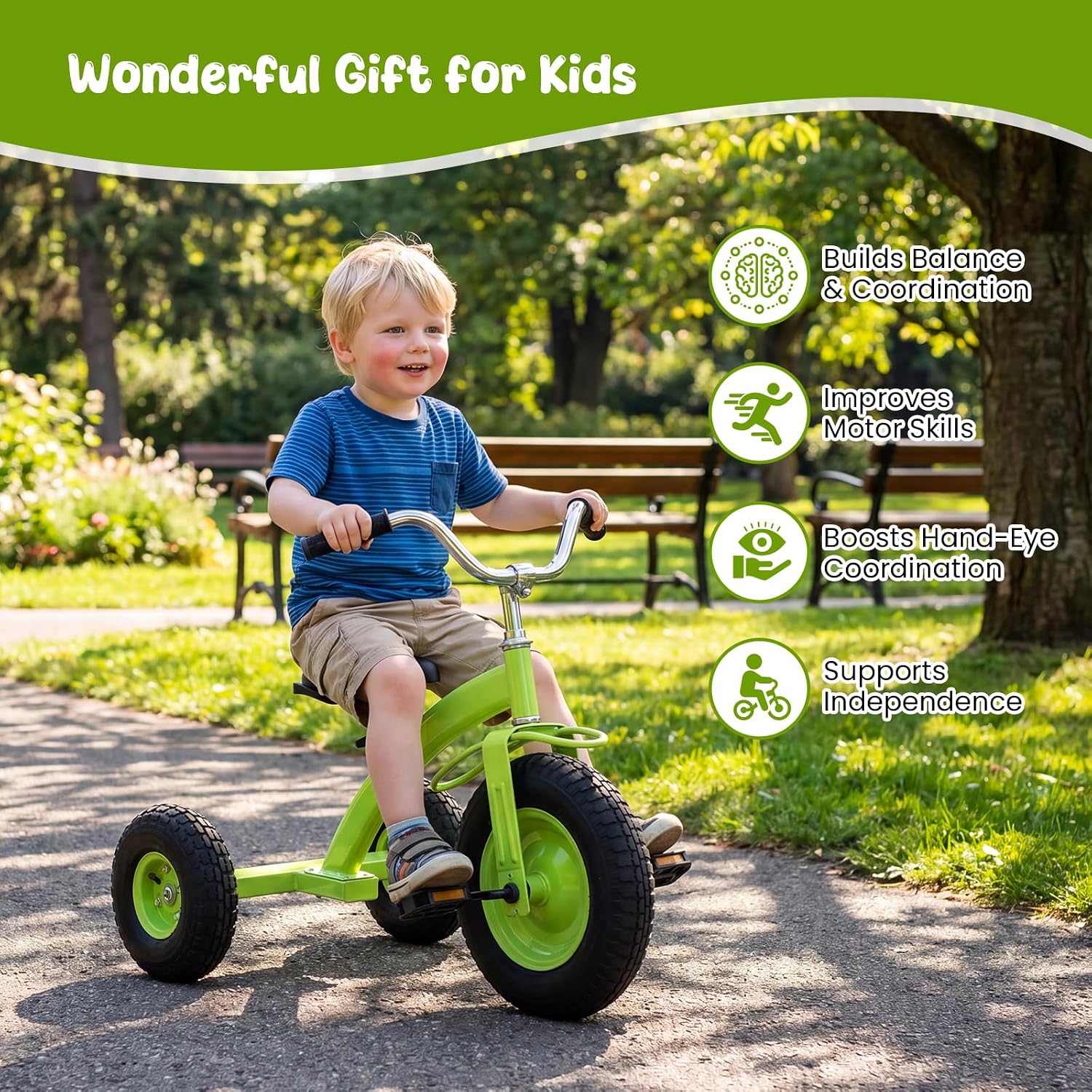 BABY JOY Kids Tricycle, 15-Inch Front Wheel Trike with Carbon Steel Frame, Inflatable Rubber Tires, Adjustable Handlebar & Seat, Ride-on Toddler Bike for Boys Girls (Green) - Image 7