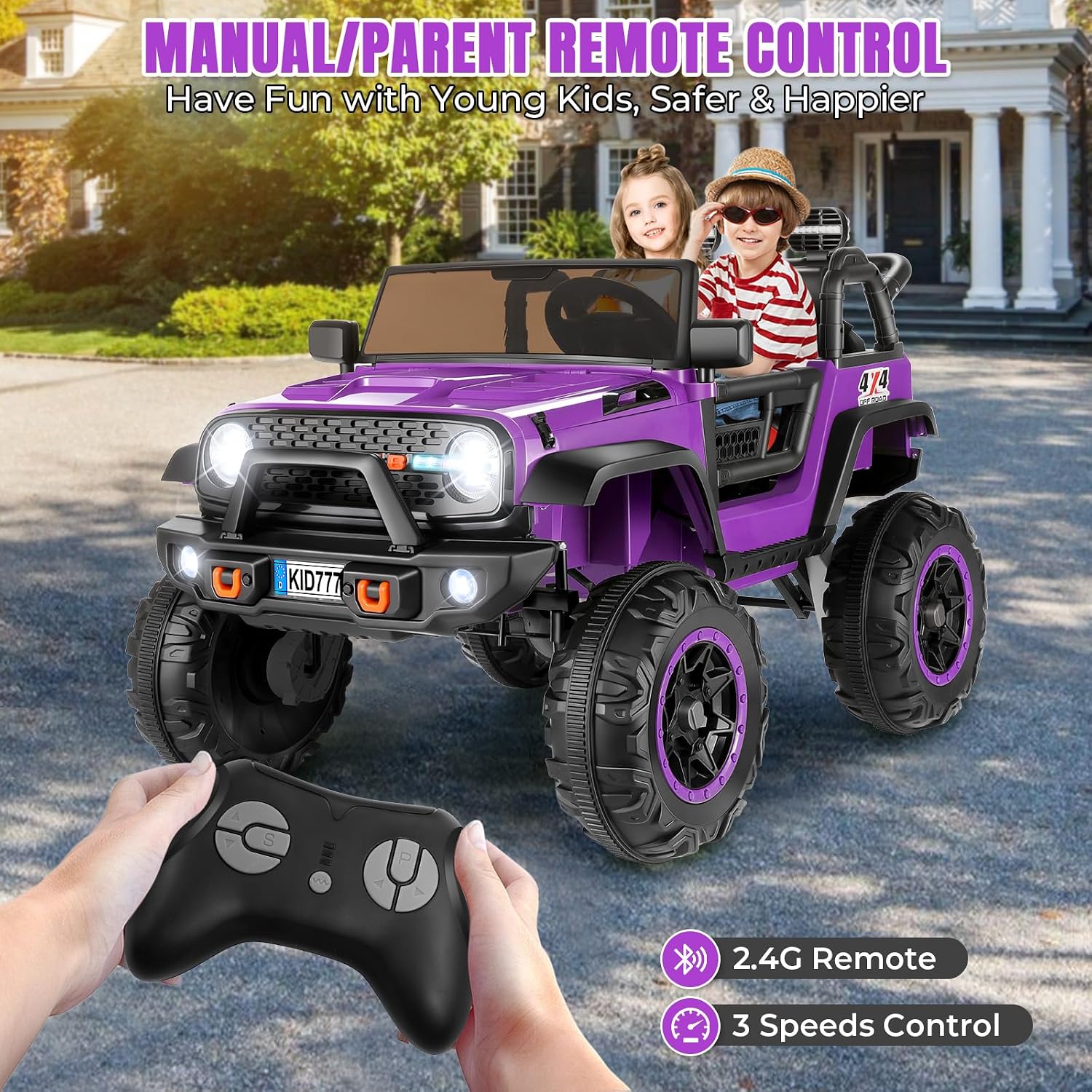 Hikole 24V 4WD Ride on Toys with Remote, 2 Seater Kids Electric Car with 20 Inch Seater, 4x100W Motors, 4 Shock Absorbers, Music Play,Bright Light, 24 Volt Kids Vehicles- Purple - Image 5