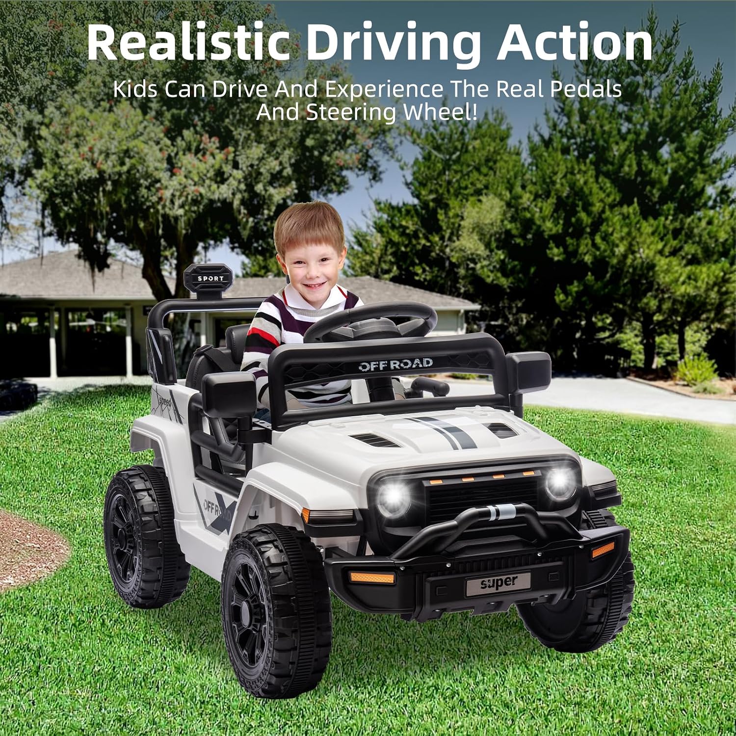 Ride On Truck Car, 12V Ride On Toy w/Parent Remote Control, Steering Wheel Music, 4-Wheel Spring Suspension, Led Lights, 2 Speeds, Kids Electric Vehicles for Age 3-5, White - Image 5