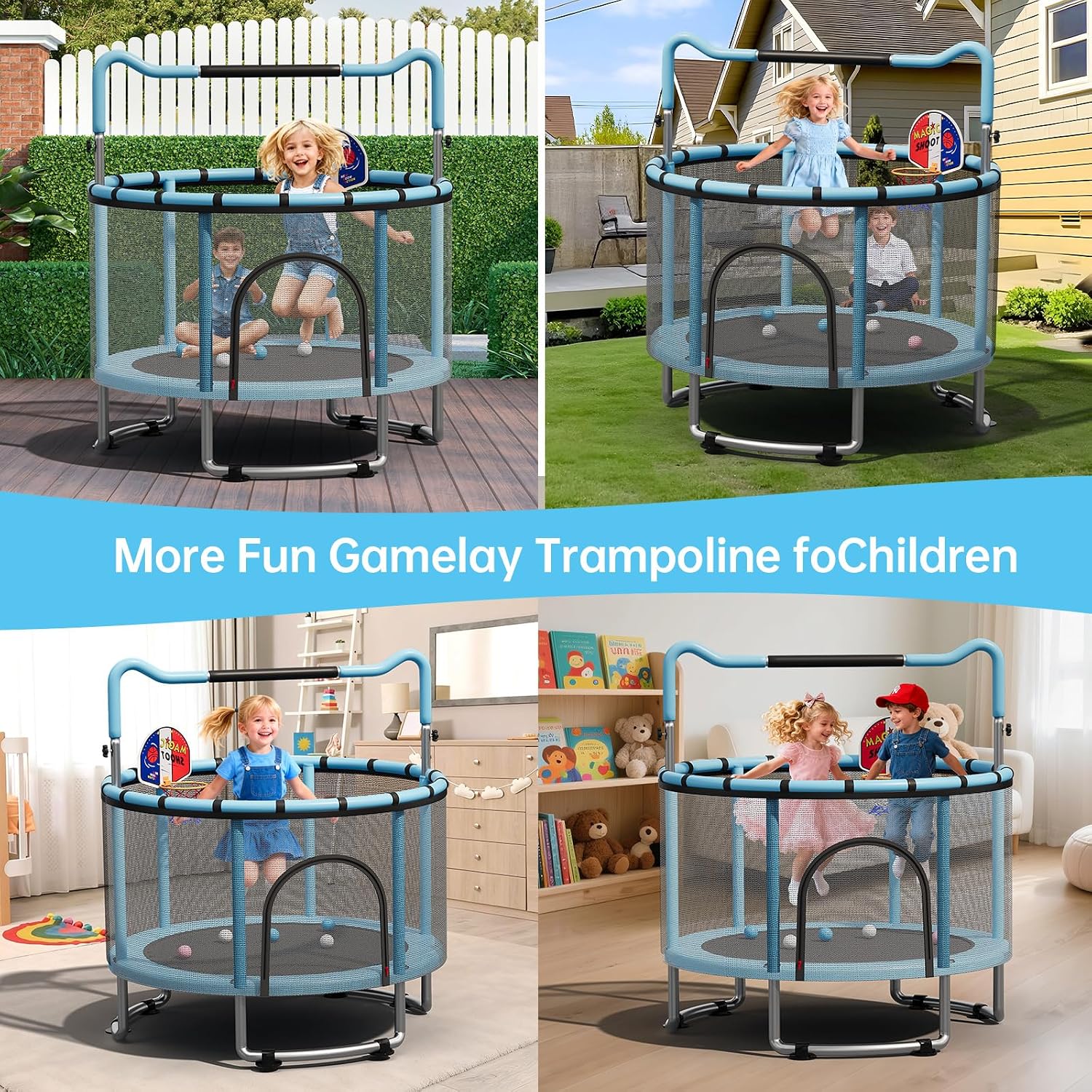 55/60" Trampoline for Kids, 4.5/5 FT Toddler Trampoline with Enclosur Net, Basketball Hoop & Sandbag, 440 LBS Capacity, Adjustable Height,Gifts for Ages 3-12 Boys & Girls - Image 8