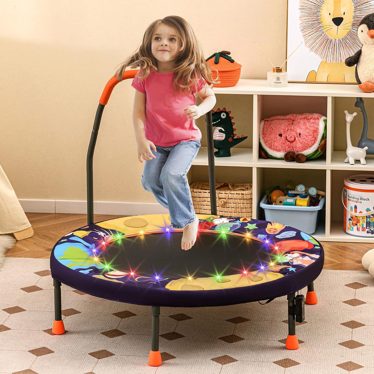 Goplus Foldable Toddler Trampoline for Kids, 36'' Recreational Mini Trampoline w/20 LED Lights, Foam Handle, Padded Safety Cover, Indoor Outdoor Exercise Rebounder for Boys Girls Aged 3-6 - Image 9