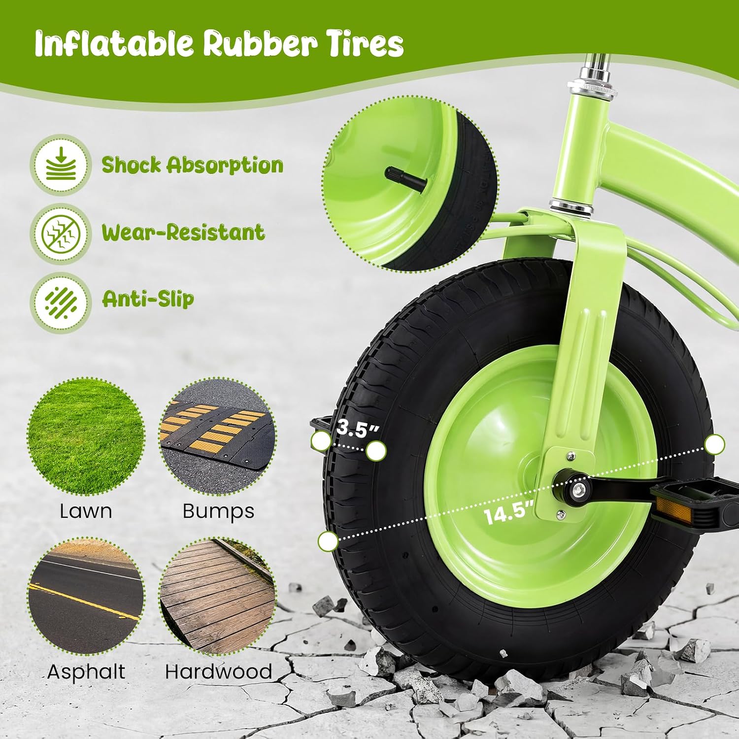 BABY JOY Kids Tricycle, 15-Inch Front Wheel Trike with Carbon Steel Frame, Inflatable Rubber Tires, Adjustable Handlebar & Seat, Ride-on Toddler Bike for Boys Girls (Green) - Image 4