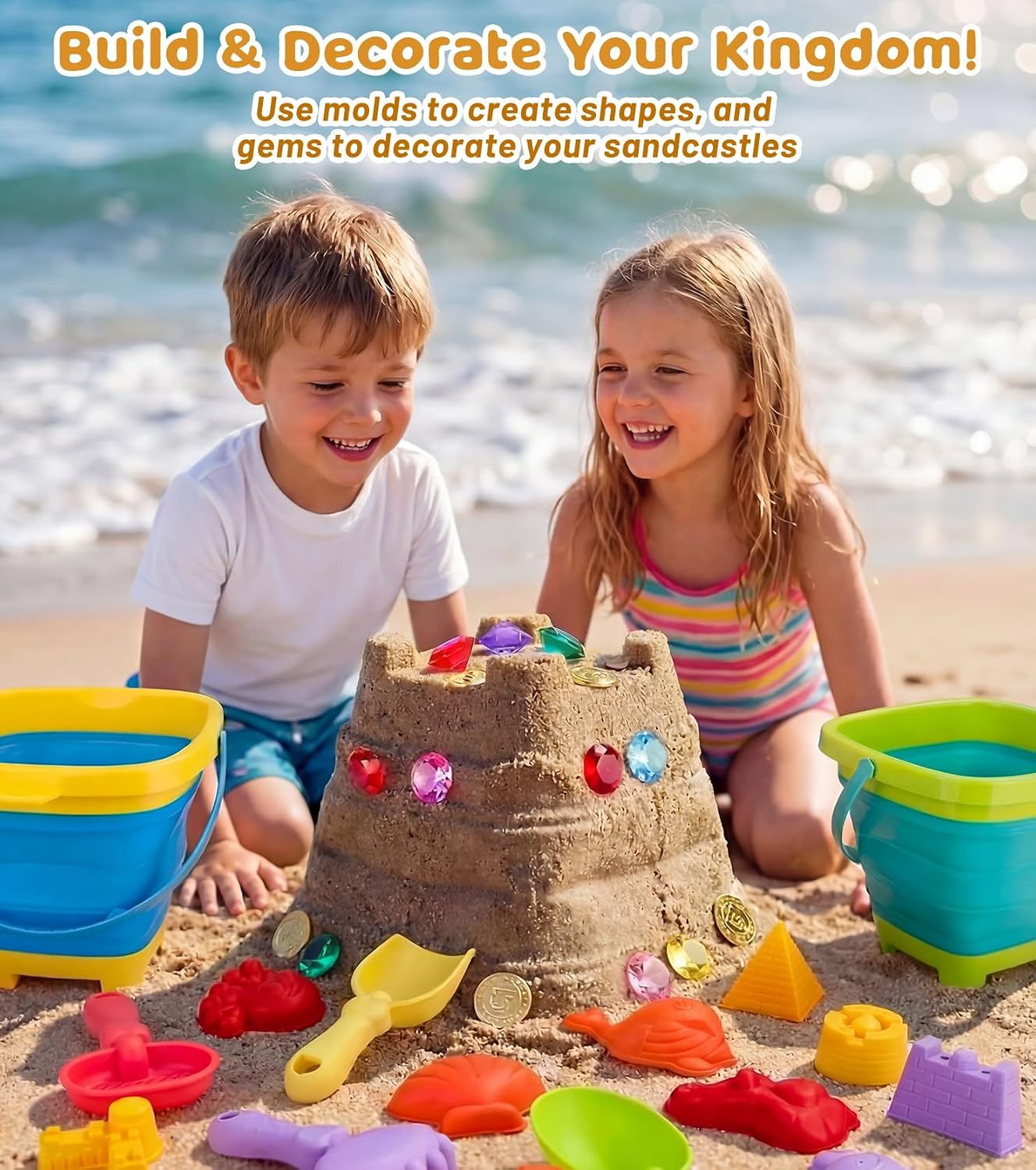 Eicaus 46 PCS Beach Sand Toys for Kids Toddlers, Collapsible Sand Buckets & Mesh Bag Set with Heavy Duty Metal Sifters, Treasure Hunt Gems, Castle Molds, Travel Sandbox Toys for Boys Girls - Image 5