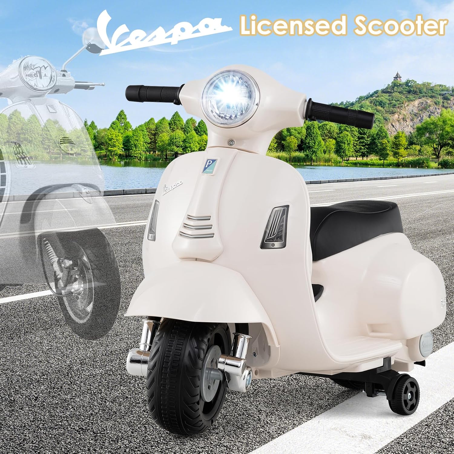 Licensed Vespa Scooter Kids Motorcycle by OLAKIDS, 6V Ride on Electric Motorcycle with Training Wheels, Headlight, Battery Powered 3 Wheels Toy Gift with LED Headlight Horn for Boys Girls (White) - Image 3