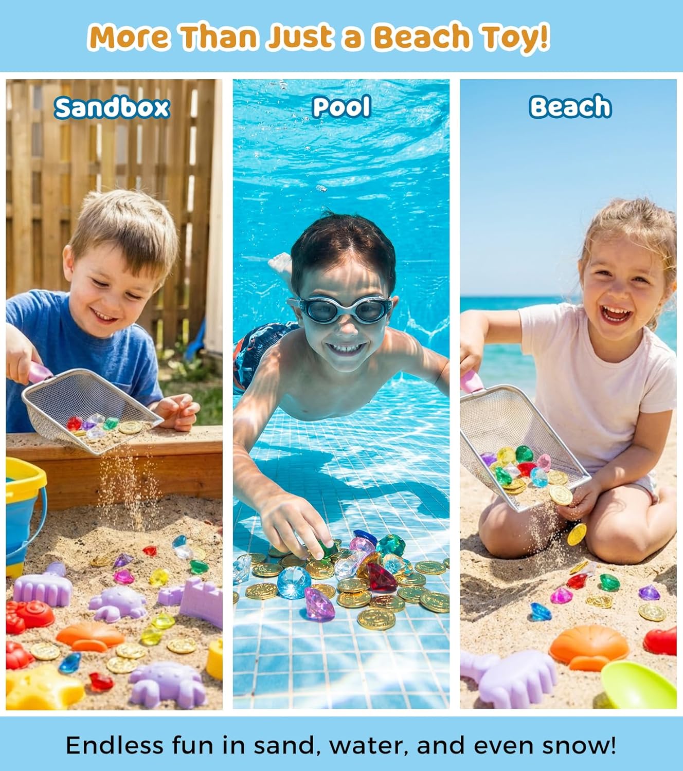 Eicaus 46 PCS Beach Sand Toys for Kids Toddlers, Collapsible Sand Buckets & Mesh Bag Set with Heavy Duty Metal Sifters, Treasure Hunt Gems, Castle Molds, Travel Sandbox Toys for Boys Girls - Image 6