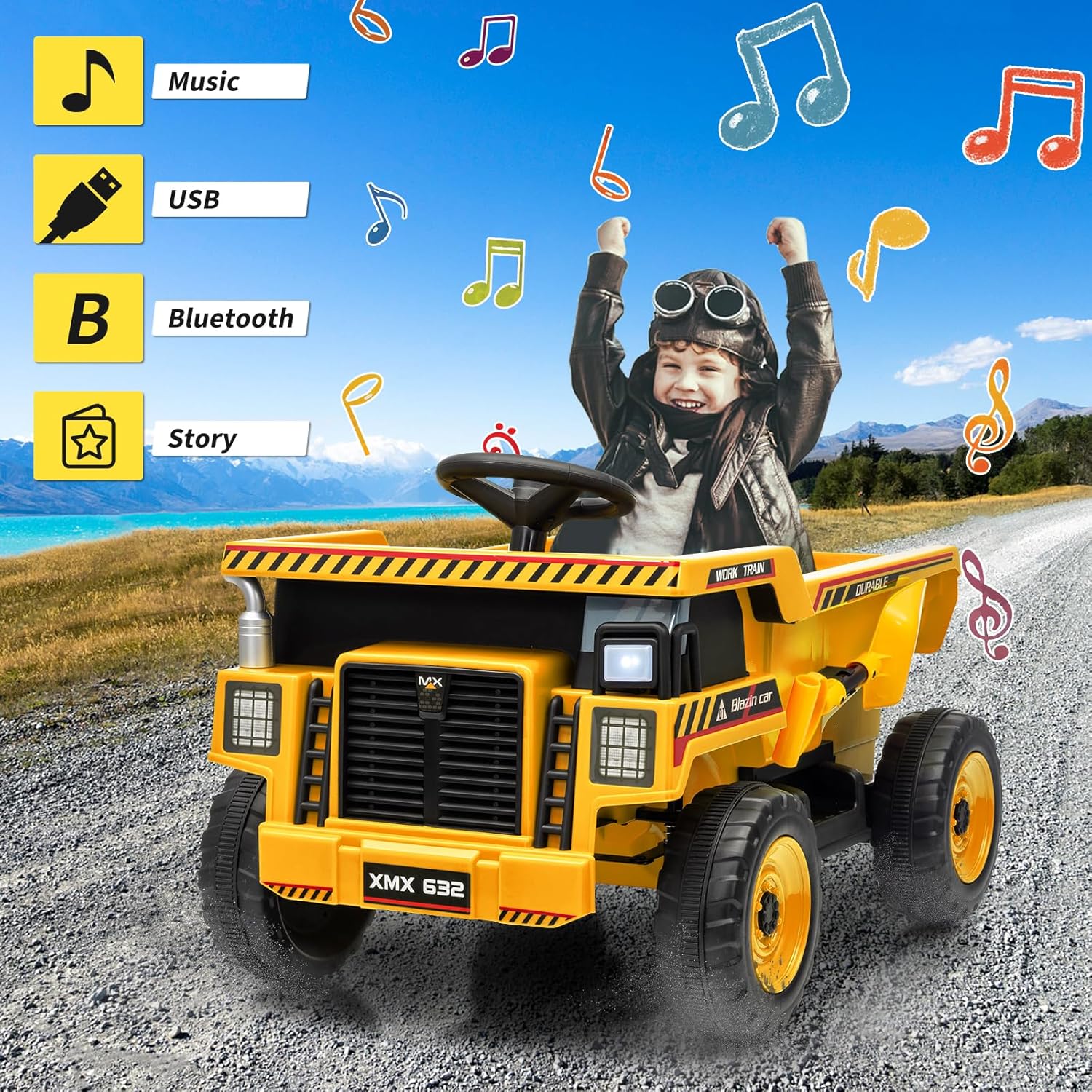 12V Ride On Dump Truck for Kids Electric Ride On Car Toy Toddlers 4 Wheeler Construction Vehicles with Remote Control, Dump Bed, Shovel, LED Lights, Music, for Kids 3-8, Yellow - Image 6