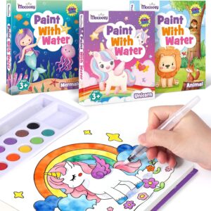 Mocoosy 3 Pack Paint with Water Coloring Books for Toddlers, Mess Free Watercolor Painting Set with Unicorn Mermaid Animal Themes, Art Craft for Kids Travel Activities, Birthday Gifts for Ages 3-5 4-8